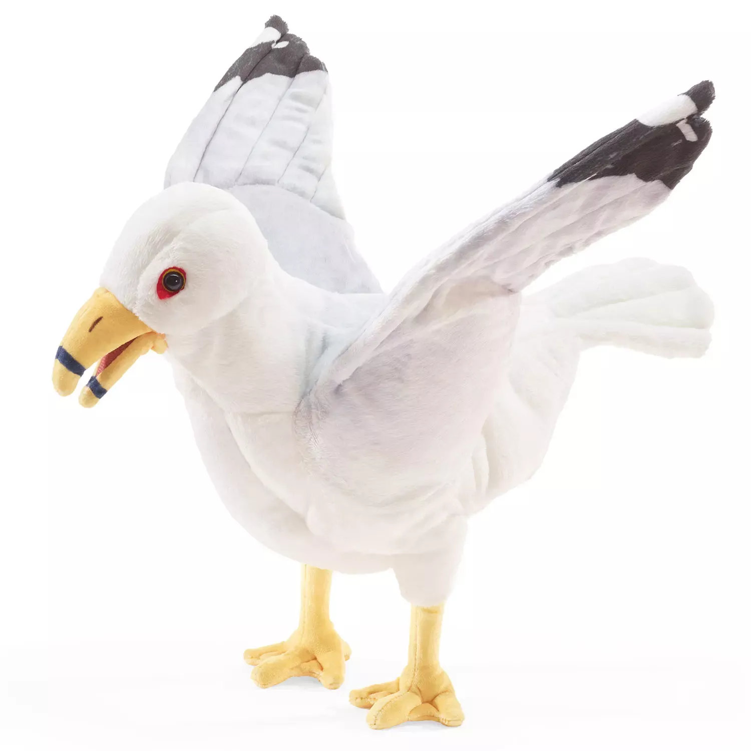 Folkmanis seagull hand puppet in white and grey with open yellow beak, red eyes and spread wings