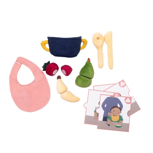 Feeding set by Rubens Barn: fabric pot, cutlery, plush fruit, bib and picture cards