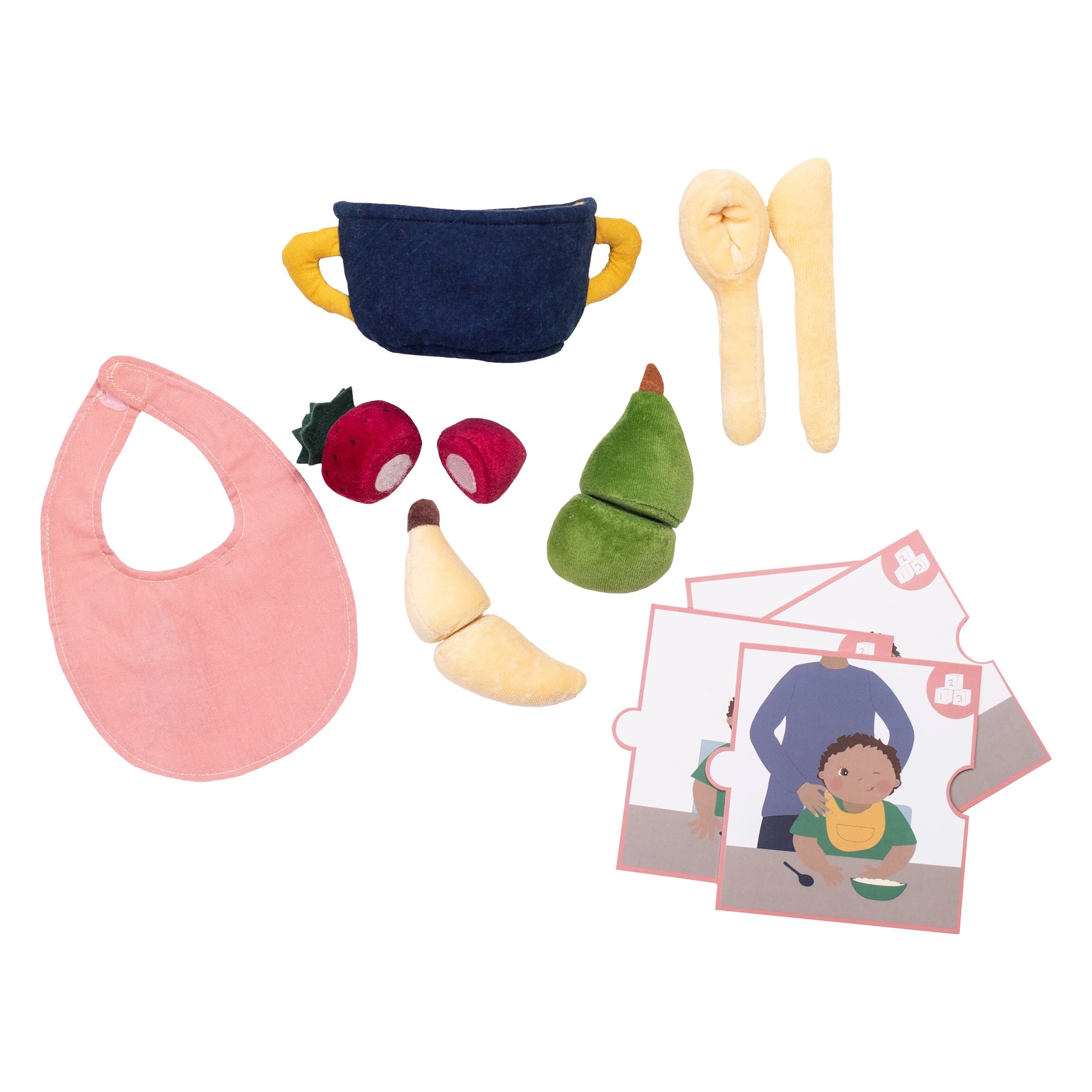Feeding set by Rubens Barn: fabric pot, cutlery, plush fruit, bib and picture cards