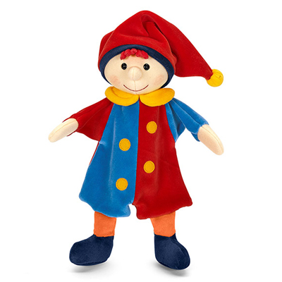 Sterntaler baby hand puppet Kasper, red pointed hat with a bell and a blue-and-red suit with yellow buttons