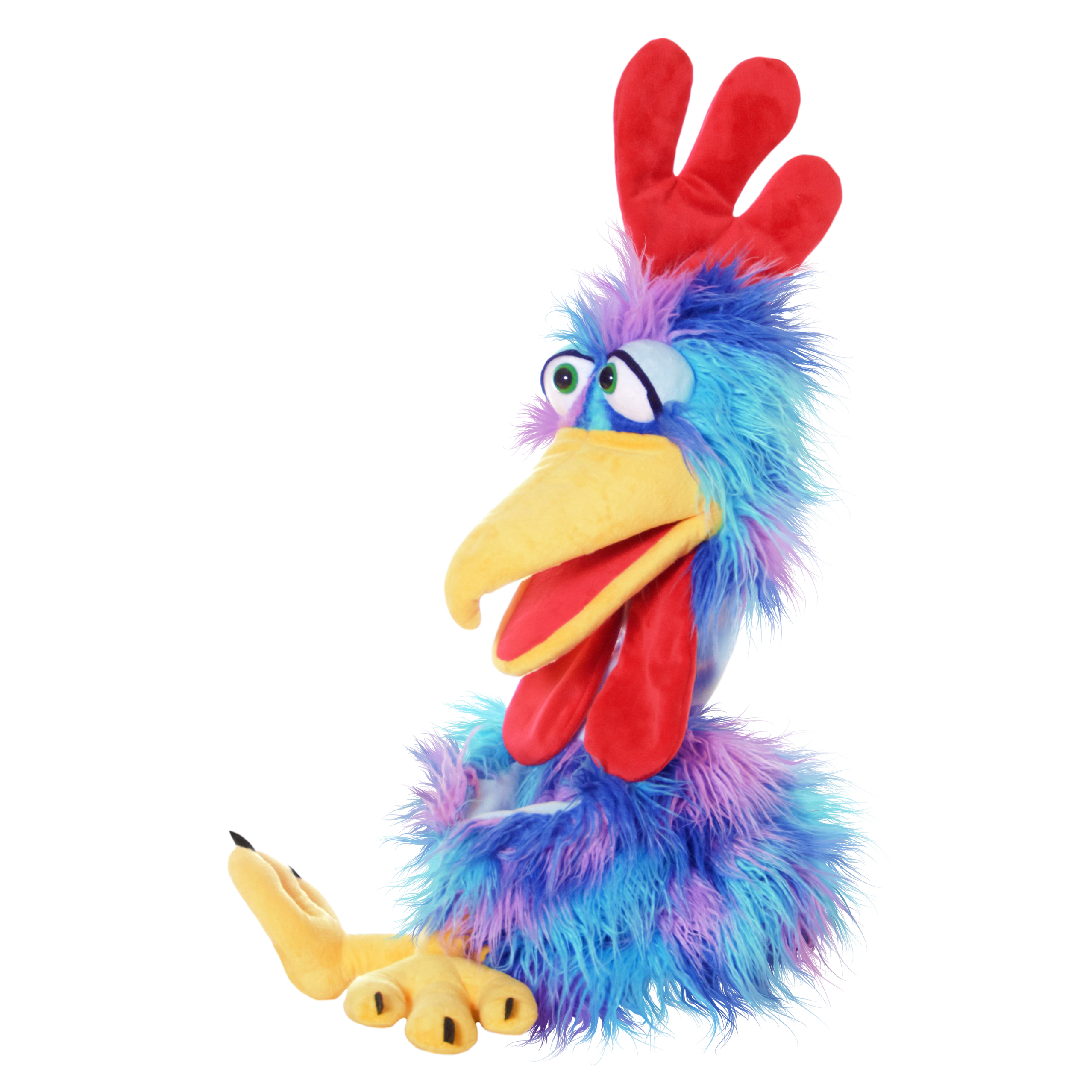 Living Puppets Sir Theo von Gockel hand puppet close-up, head with red comb, yellow beak and red wattles seen from the side