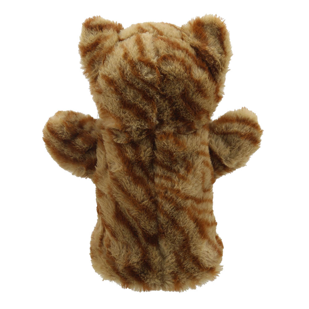 The Puppet Company baby hand puppet cat, red-brown tabby puppet seen from behind with striped ears, back view