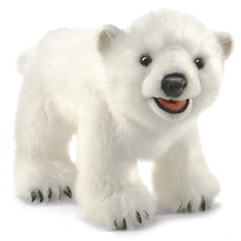 Folkmanis polar bear cub hand puppet in white, standing with open mouth, black claws and thick plush fur