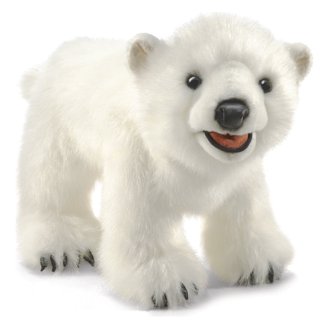 Folkmanis polar bear cub hand puppet in white, standing with open mouth, black claws and thick plush fur