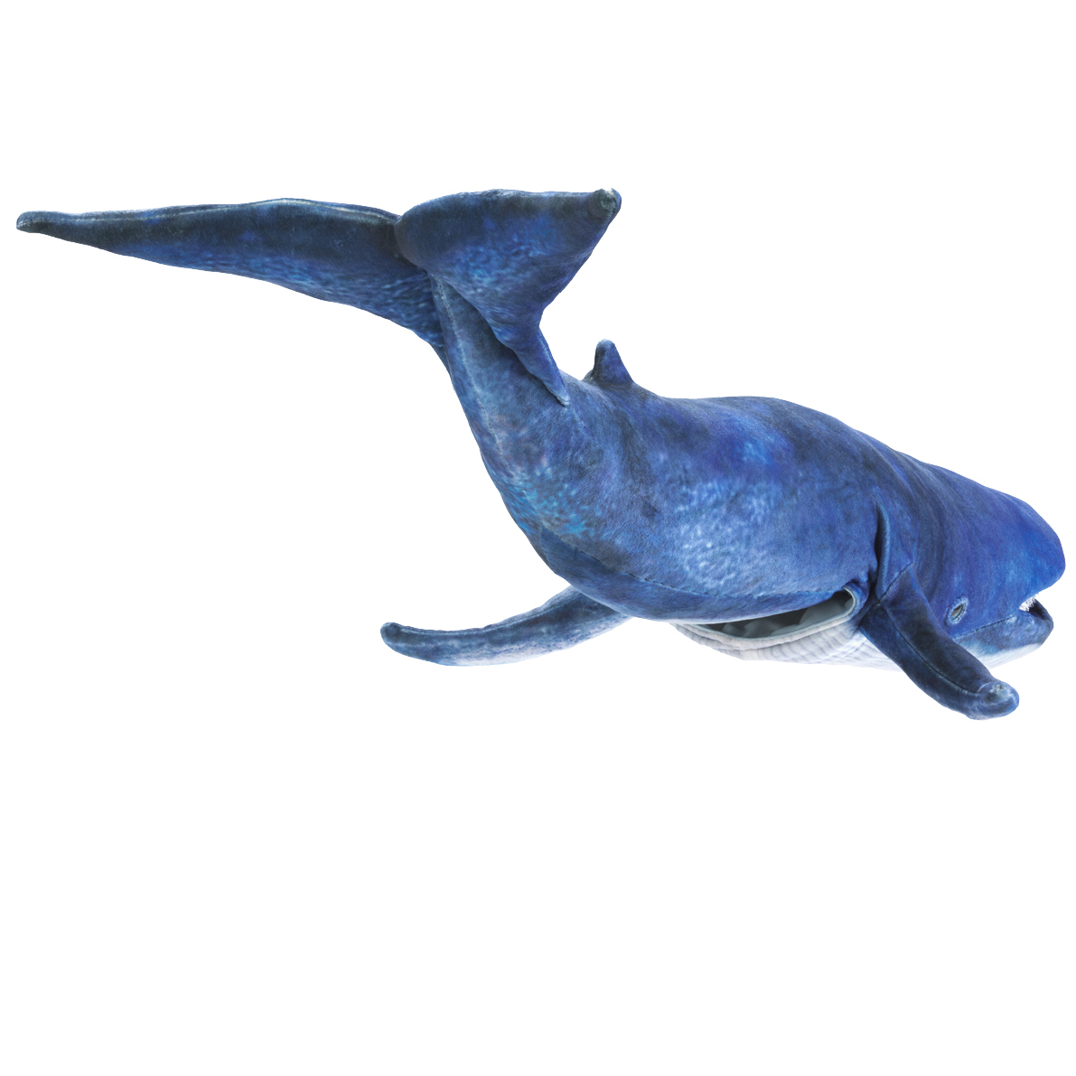 Folkmanis blue whale hand puppet in side view, blue patterned plush, open mouth with white baleen strip