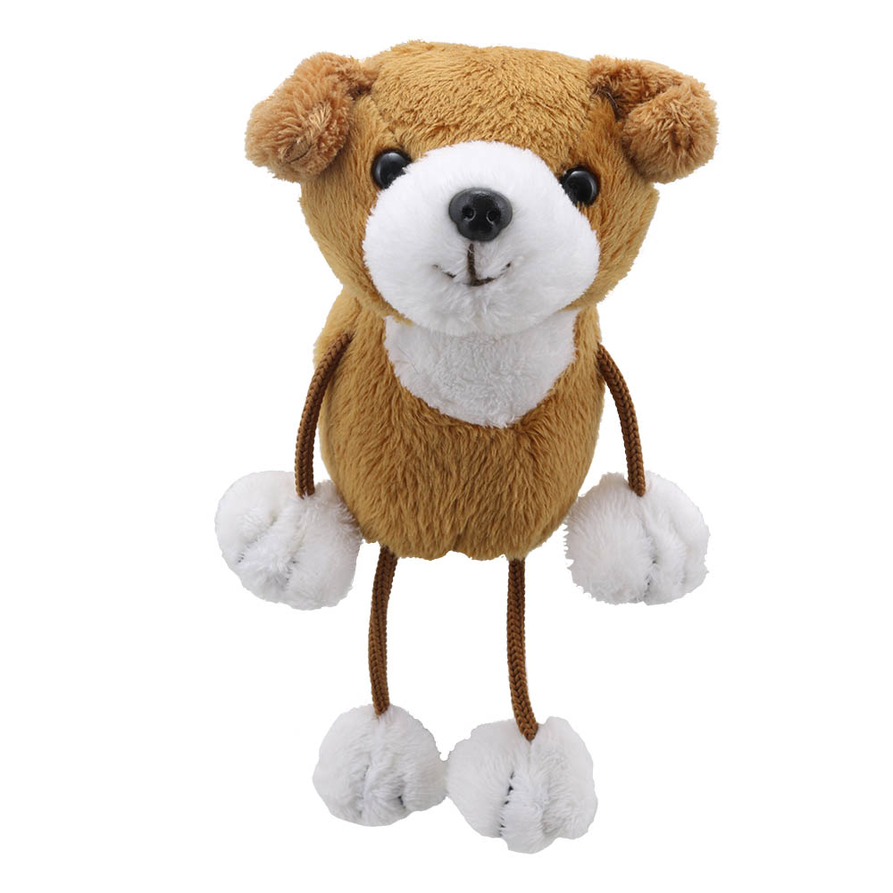 The Puppet Company finger puppet dog, brown and white dog with long fabric legs