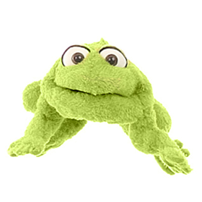 Living Puppets hand puppet Little Rolf the frog with light green fur and big eyes, crouching, front view