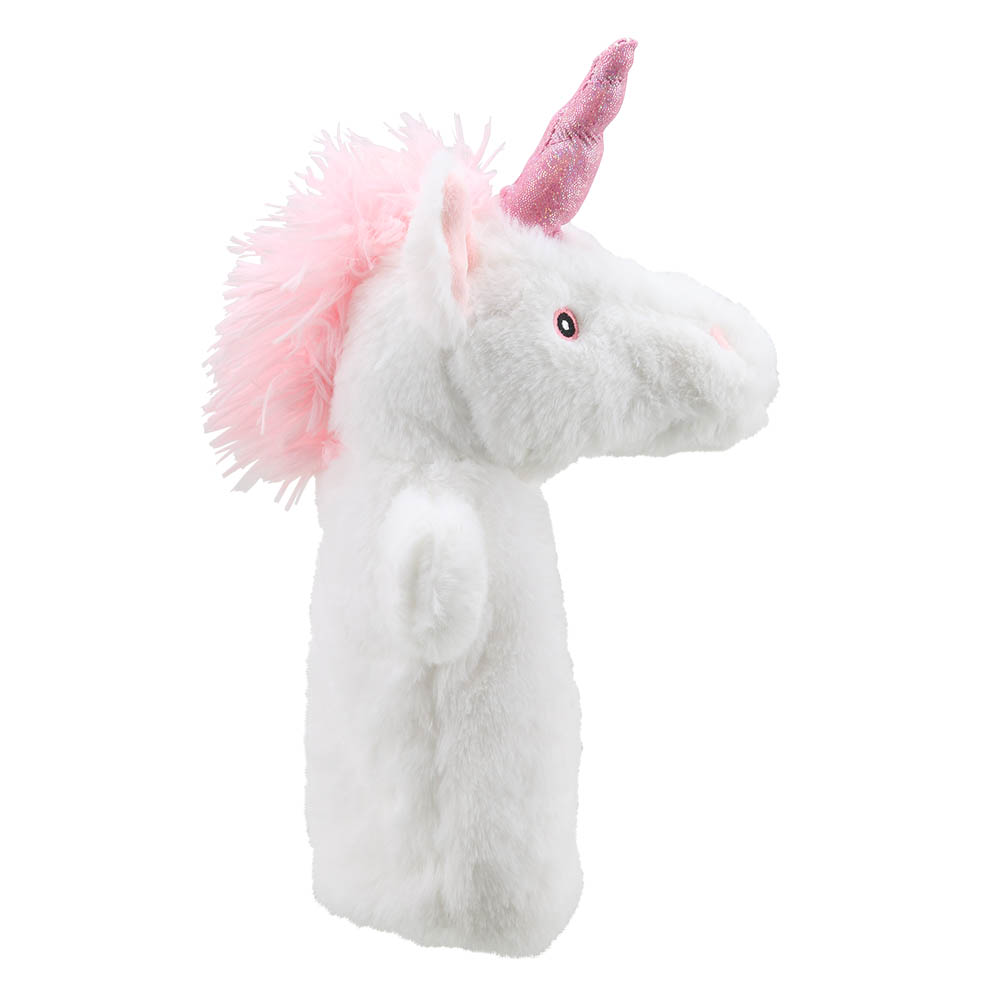 The Puppet Company hand puppet unicorn, side view in full length with a white body