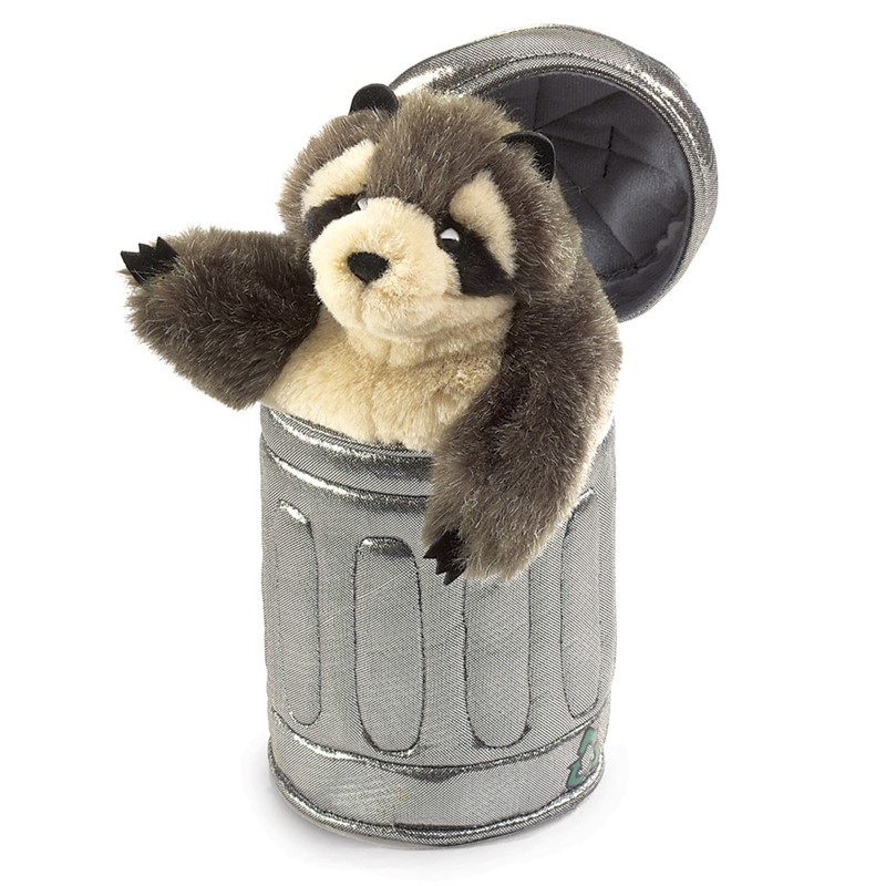 Folkmanis hand puppet raccoon in a silver garbage can with open lid, brown-beige plush fur, one paw reaching out