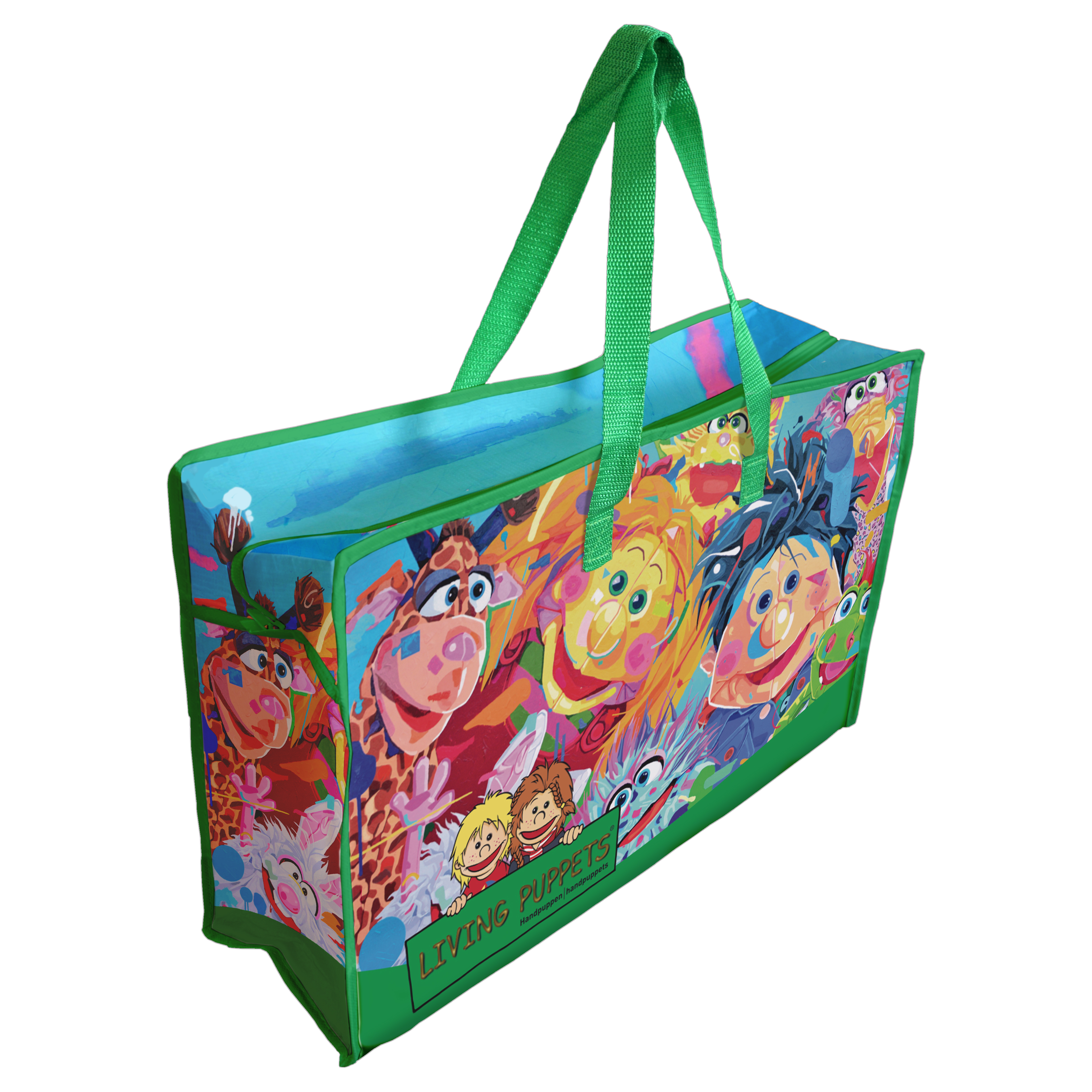 Living Puppets carrier bag with green handles, printed with four child hand puppets and a giraffe, back
