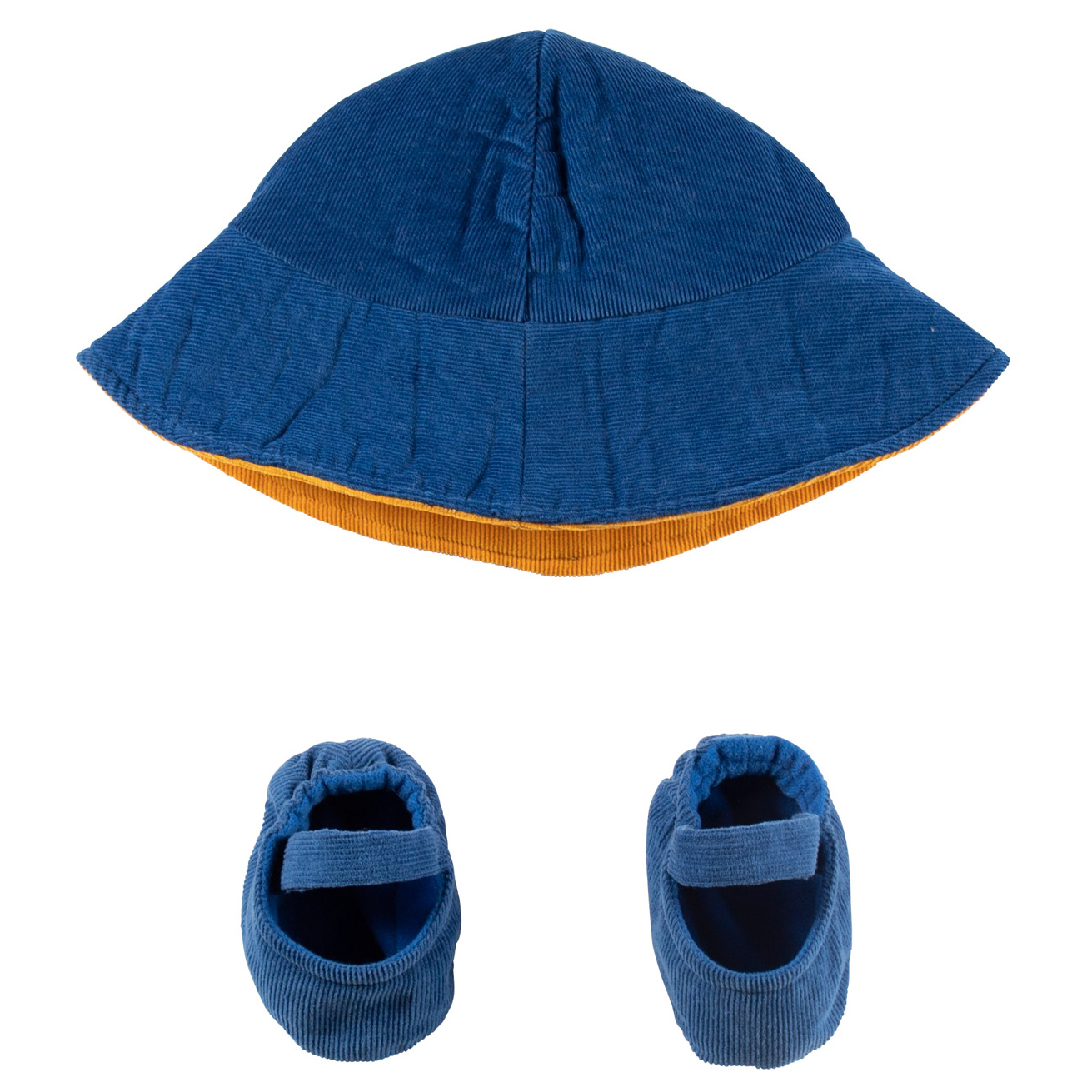 Joyk clothing set Wind & Weather: blue reversible hat with yellow lining and blue corduroy shoes