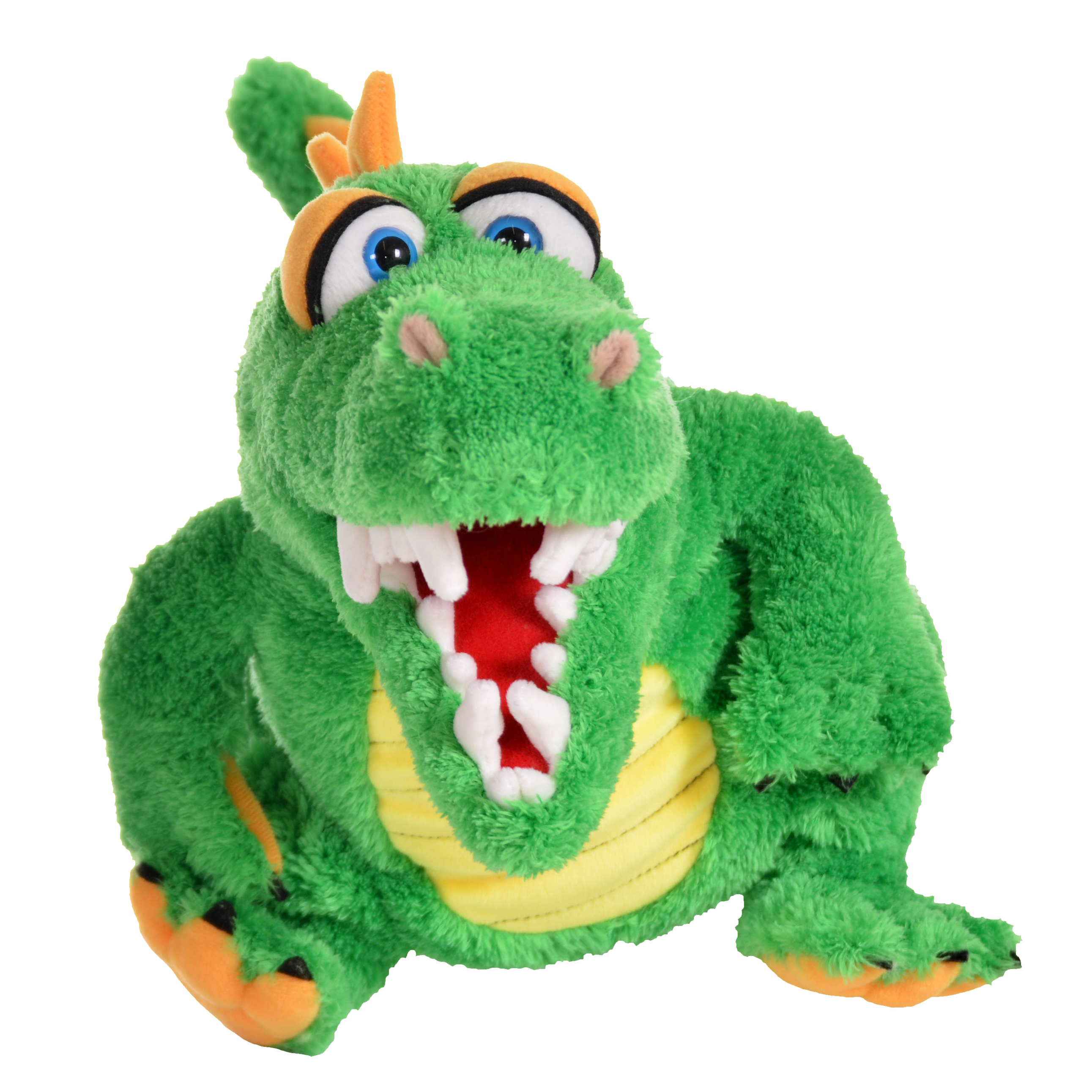 Living Puppets hand puppet Travis the crocodile with green fur, a yellow belly and a wide open mouth with white teeth, sitting, front view