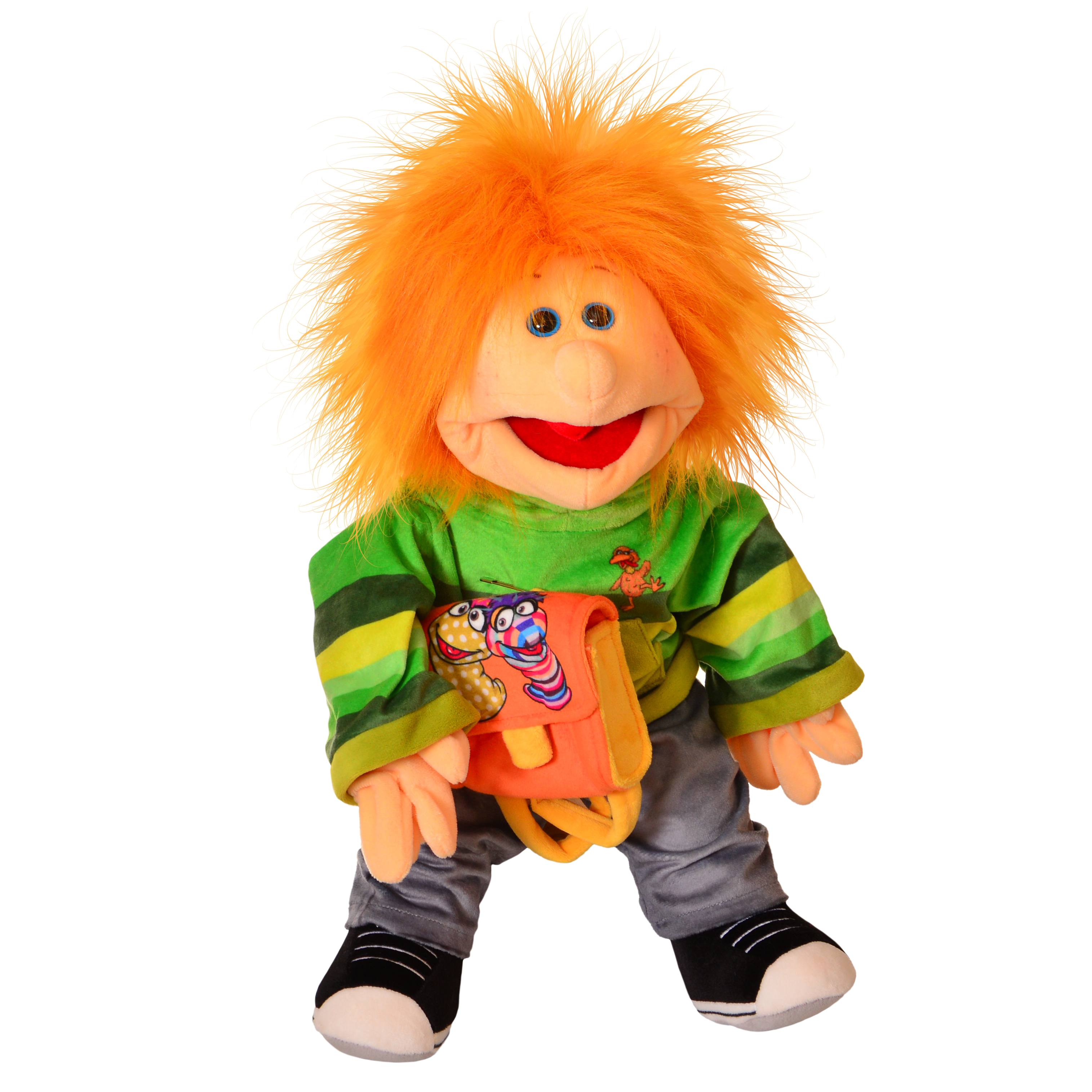 Living Puppets Mattis hand puppet, boy character with tousled orange hair, green striped shirt, orange shoulder bag and black-and-white trainers, front view