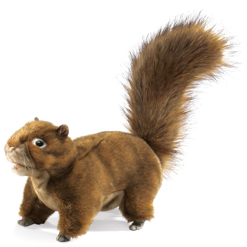 Folkmanis red-brown squirrel hand puppet in side view with a bushy, upright tail and realistic fur