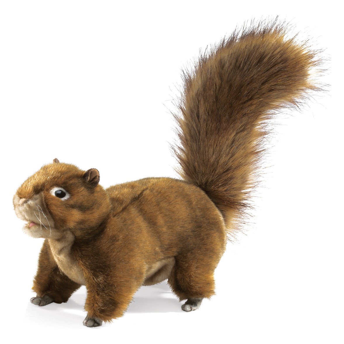 Folkmanis red-brown squirrel hand puppet in side view with a bushy, upright tail and realistic fur
