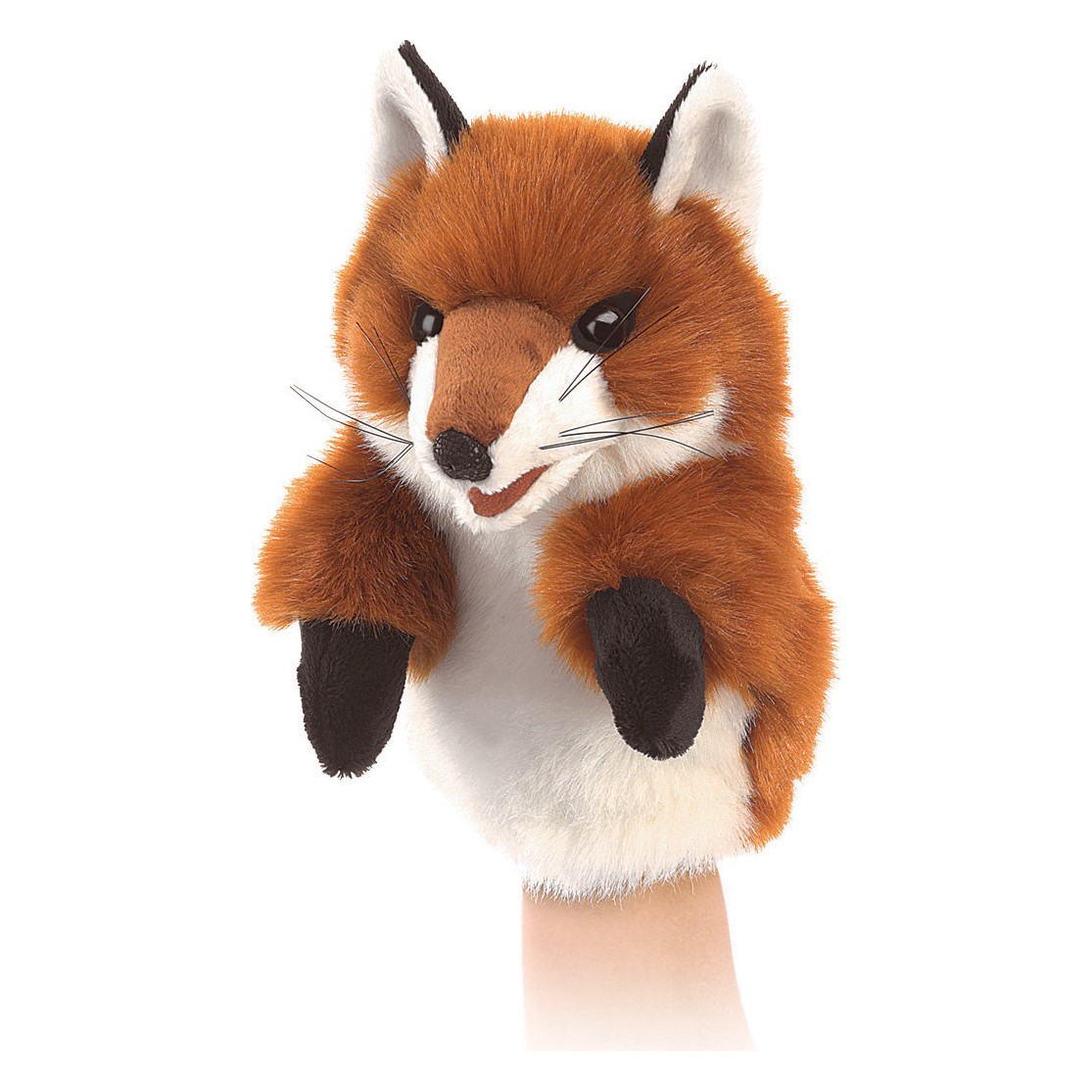Folkmanis small fox hand puppet with rust-red fur, white chest and black paws, shown worn on a hand