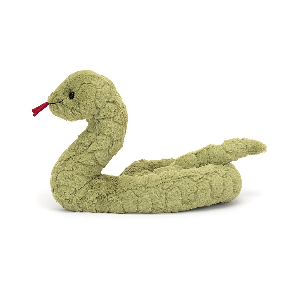 Jellycat plush toy snake Stevie Snake, olive green plush toy with a red tongue, coiled, side view