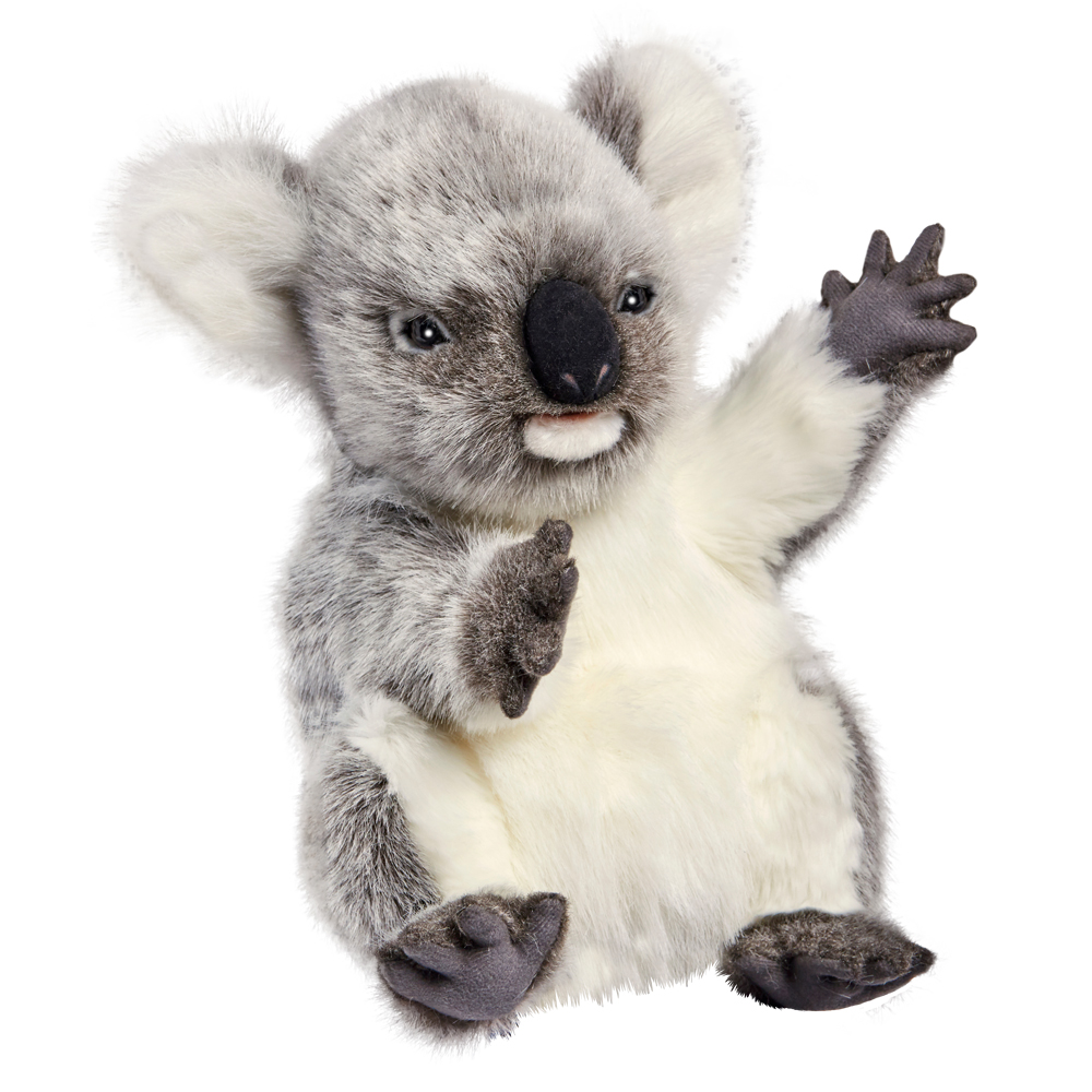 Koala hand puppet by Hansa Creation with grey fur, a white chest and a black button nose, waving