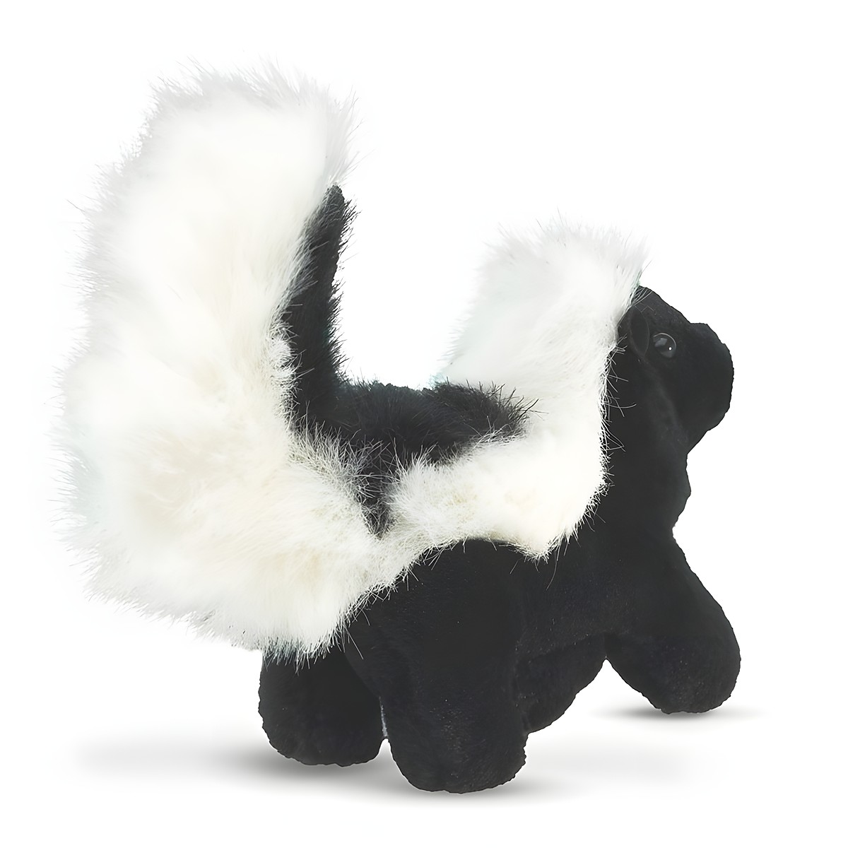 Folkmanis mini skunk finger puppet in black and white with a bushy, raised tail, side view
