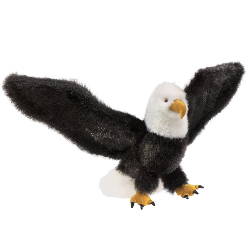 Folkmanis bald eagle hand puppet with wide-spread black wings, white head and yellow talons, side view