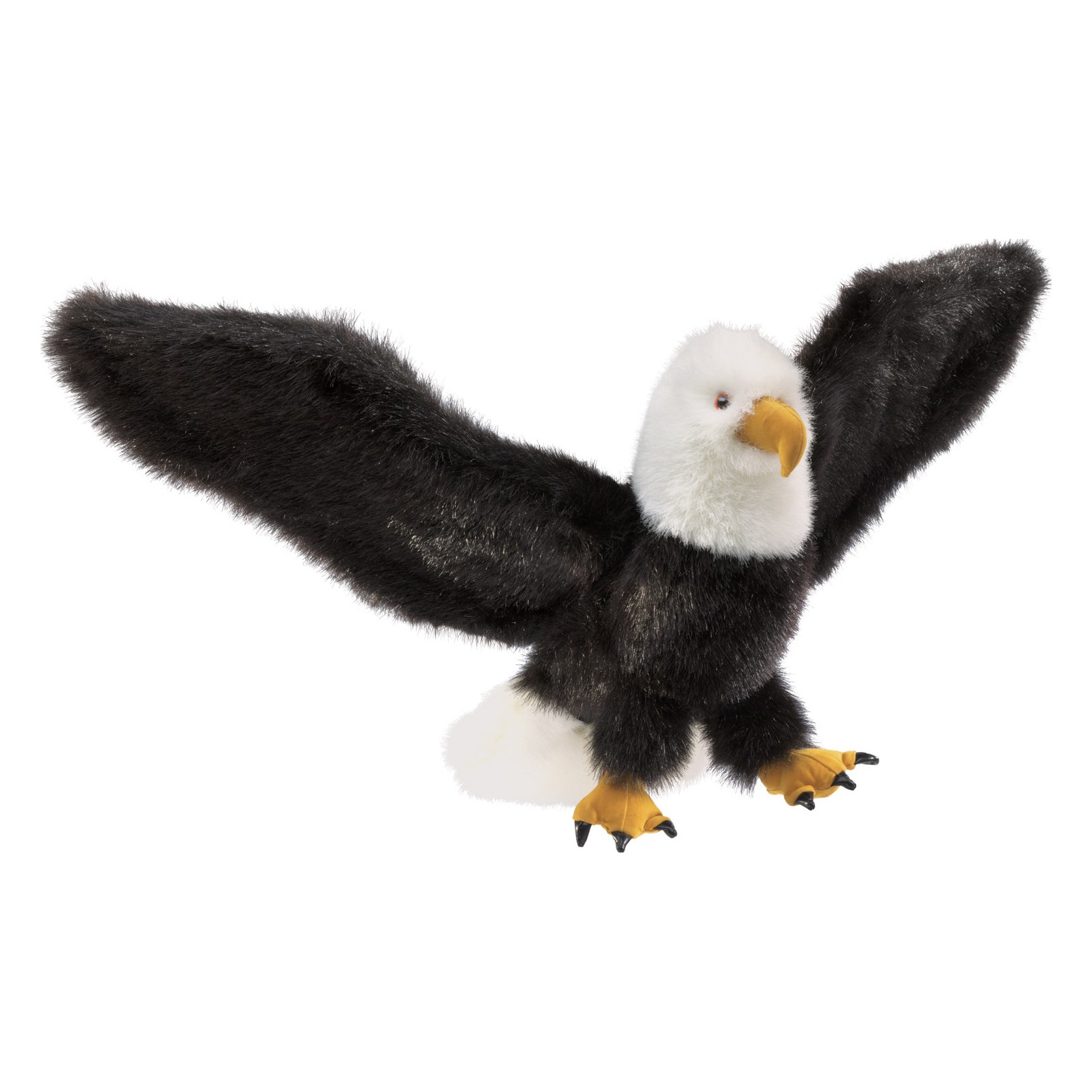 Folkmanis bald eagle hand puppet with wide-spread black wings, white head and yellow talons, side view