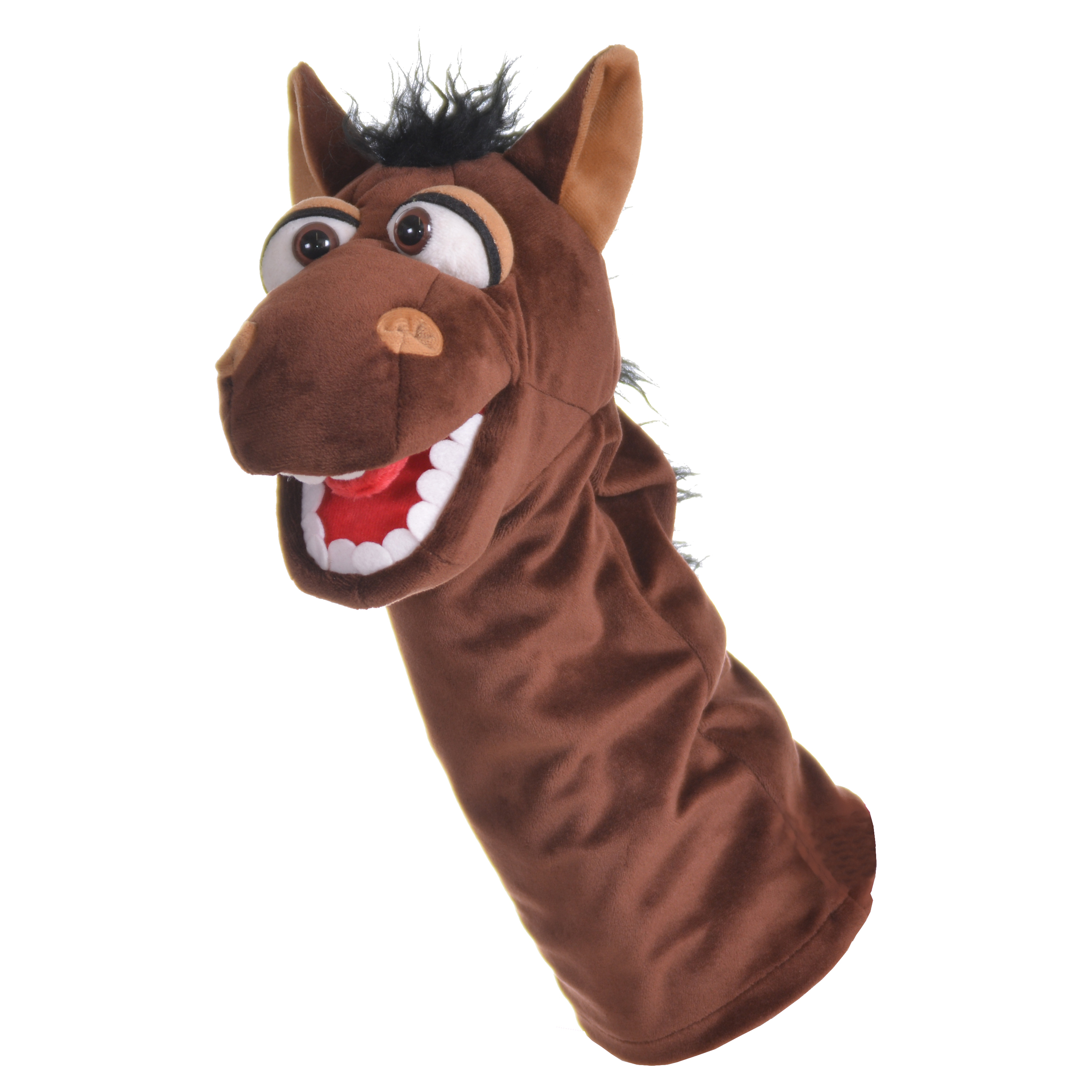 Living Puppets sock puppet Fred Jonatan the horse, brown with a black mane and a wide open mouth with teeth, front view