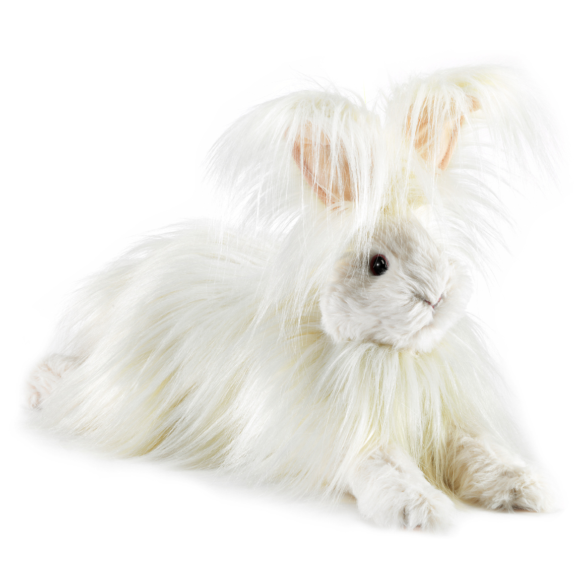 Folkmanis Angora rabbit hand puppet with long white fur, lying down, angled view against a white background