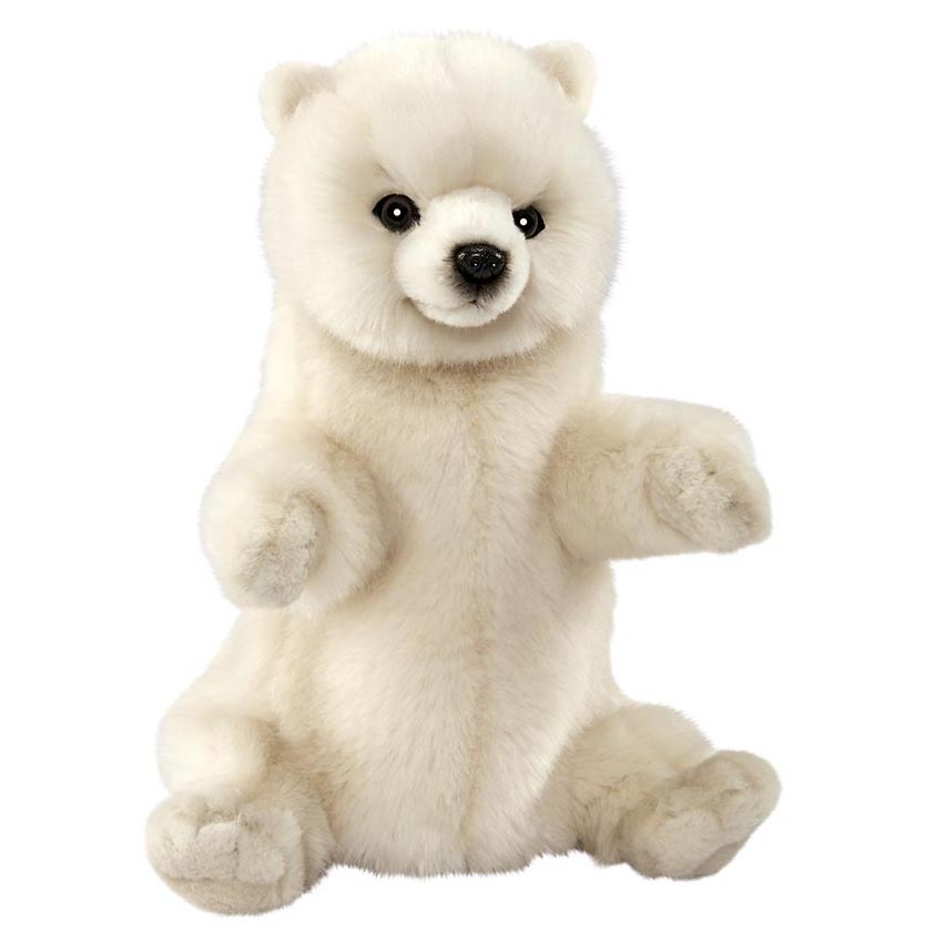 Polar bear hand puppet by Hansa Creation with cream-white plush fur and dark button eyes