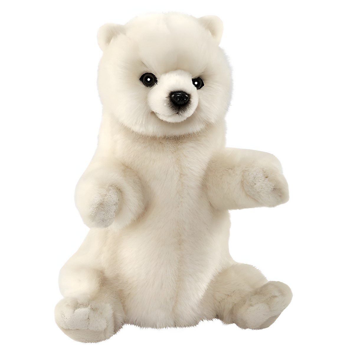 Polar bear hand puppet by Hansa Creation with cream-white plush fur and dark button eyes