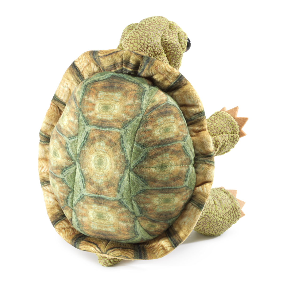 Folkmanis hand puppet standing tortoise with detailed printed green-brown shell, shown from a rear angle view