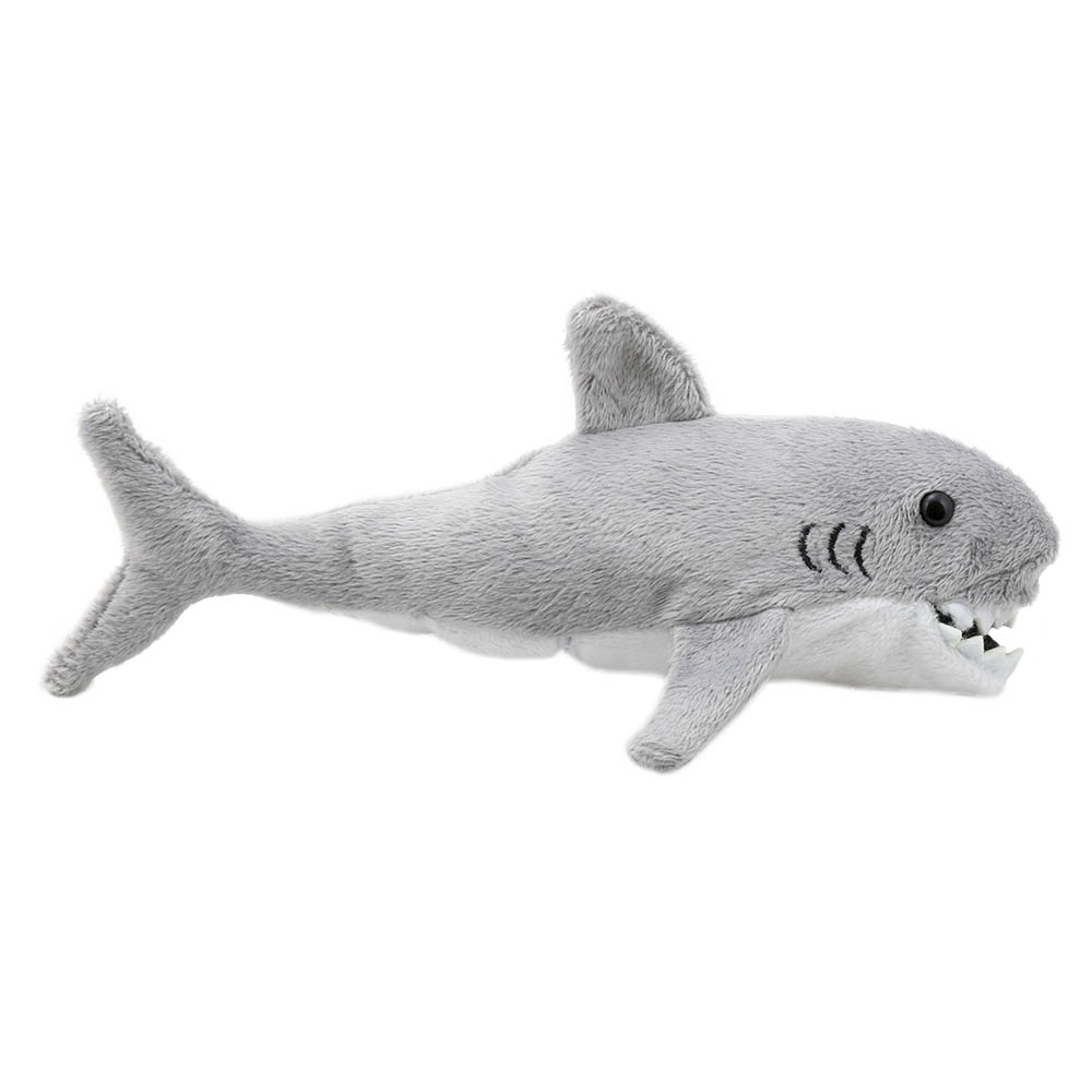 The Puppet Company finger puppet great white shark, grey finger puppet with an open mouth and white teeth