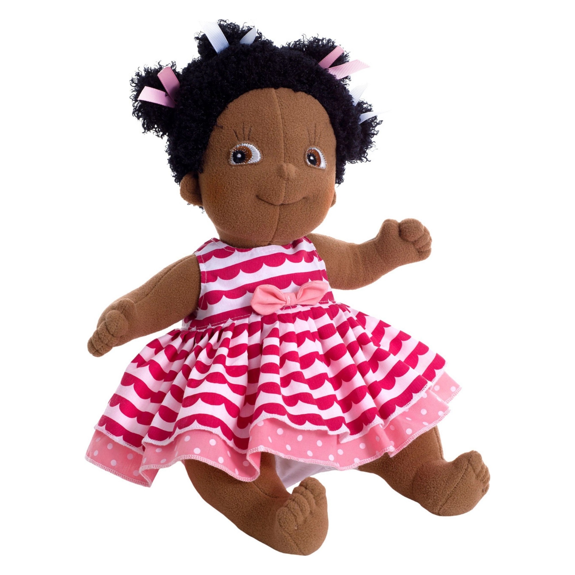 Rubens Kids doll Lollo with black curls and a pink patterned ruffled dress