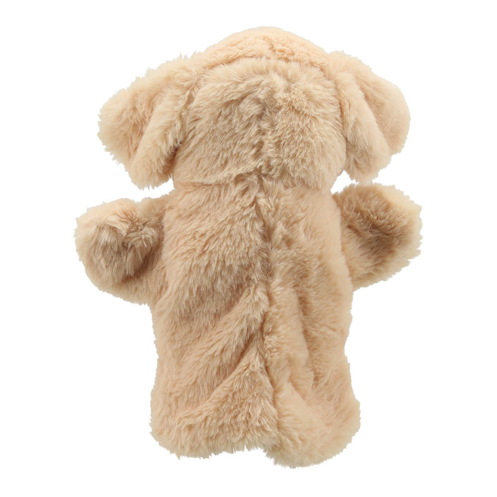 The Puppet Company baby hand puppet Labrador Retriever, beige puppet seen from behind with floppy ears, back view