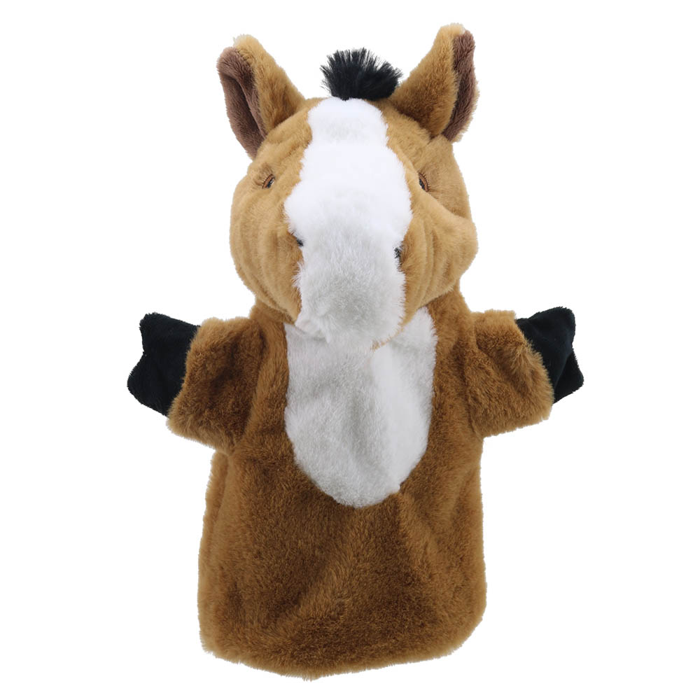 The Puppet Company baby hand puppet horse, brown horse with a white blaze and black hoof-shaped hand pieces
