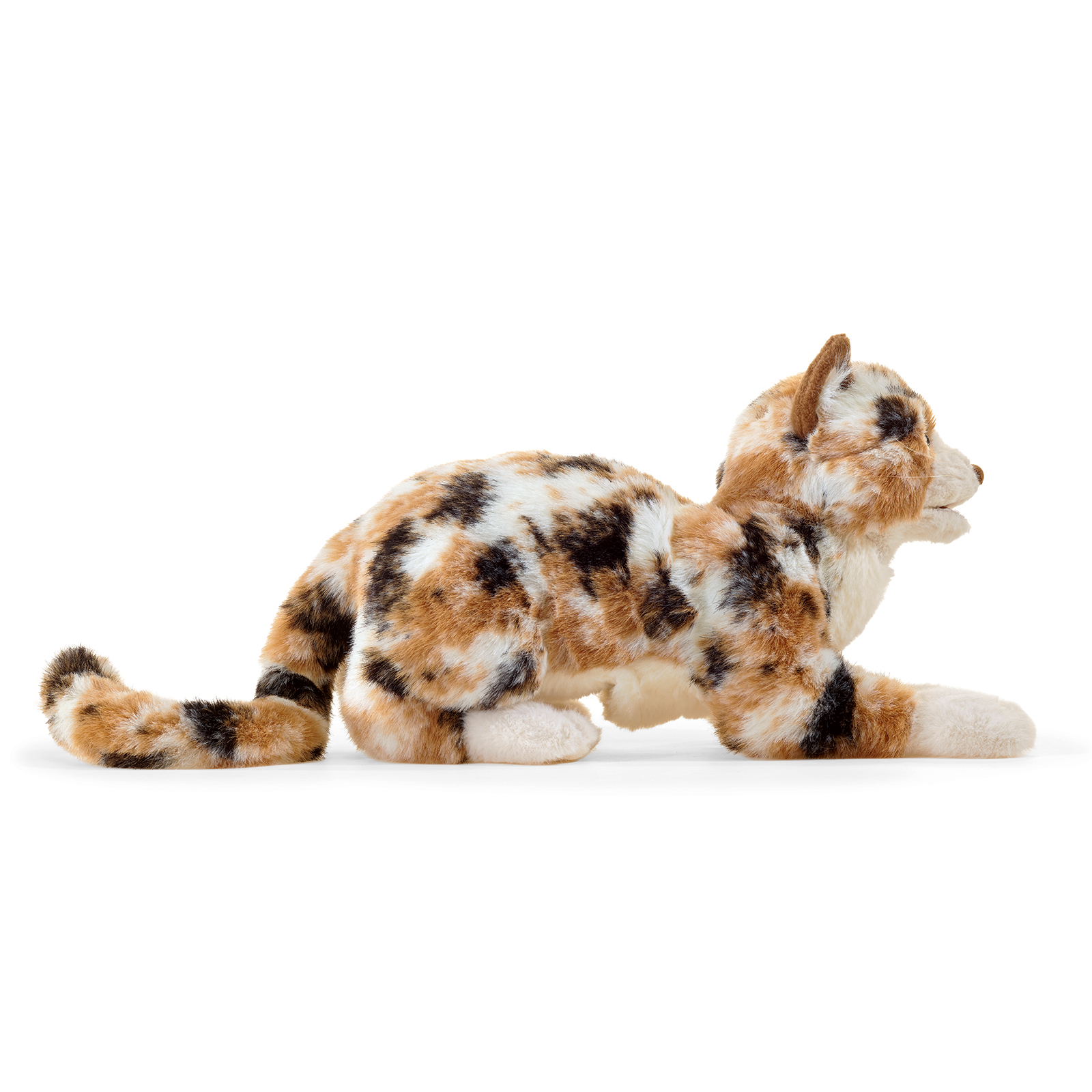 Folkmanis hand puppet calico cat in tricolour tortoiseshell pattern lying down, side view