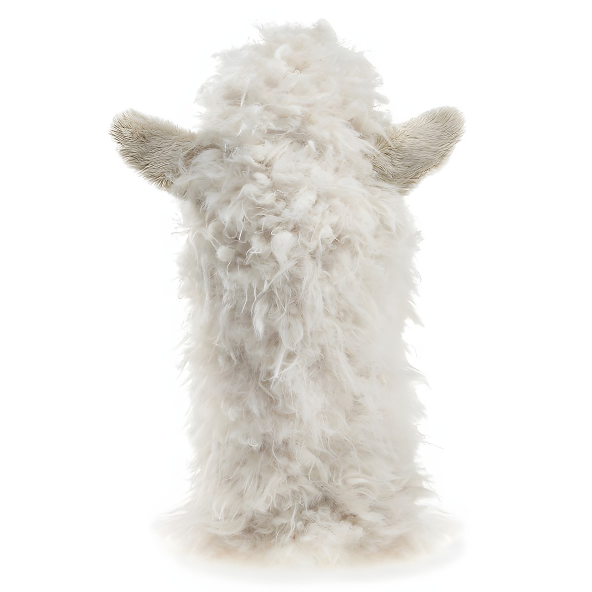 Folkmanis alpaca hand puppet seen from behind, with cream-coloured shaggy fur and small beige ears