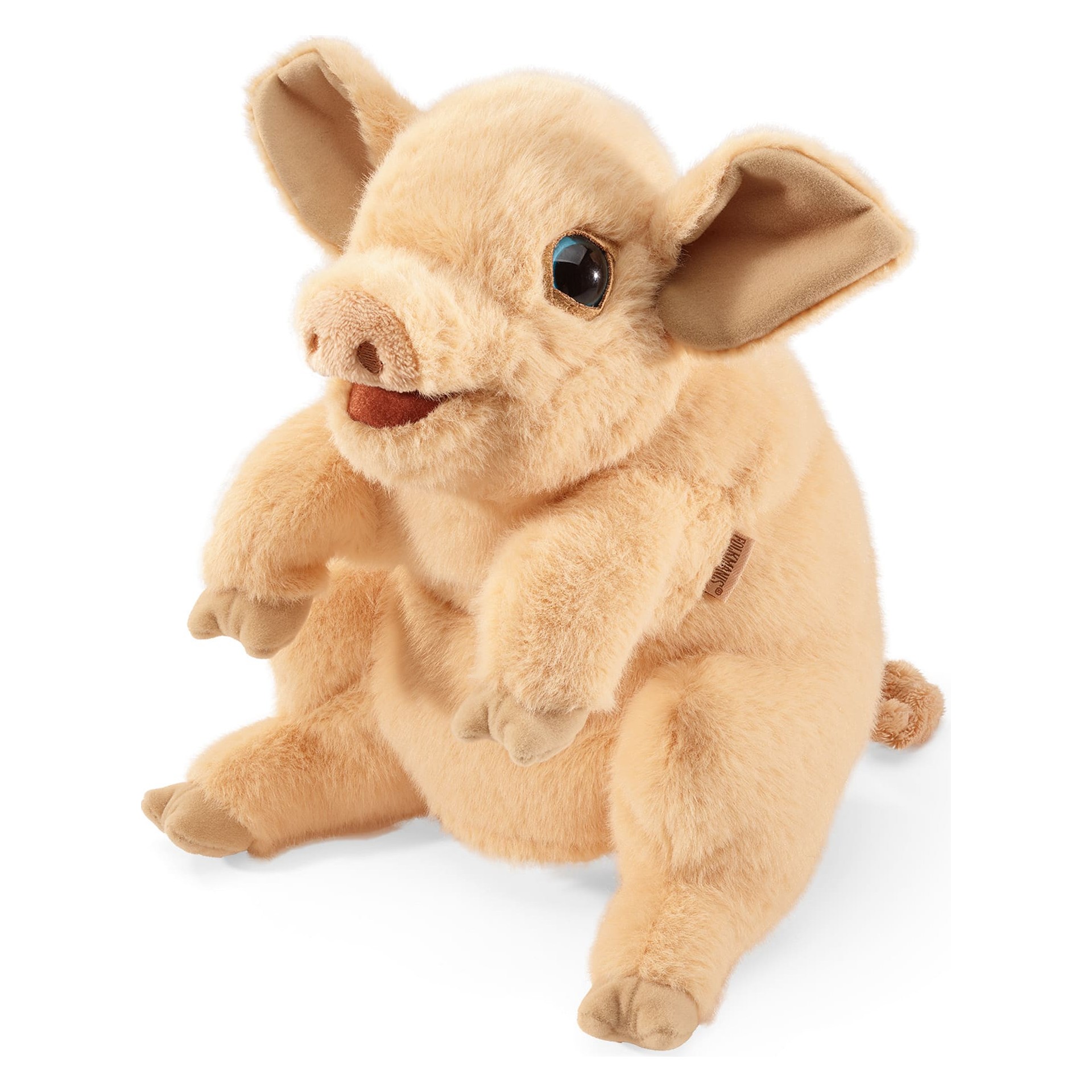 Folkmanis pig hand puppet in light beige, seated pose with movable mouth, side view
