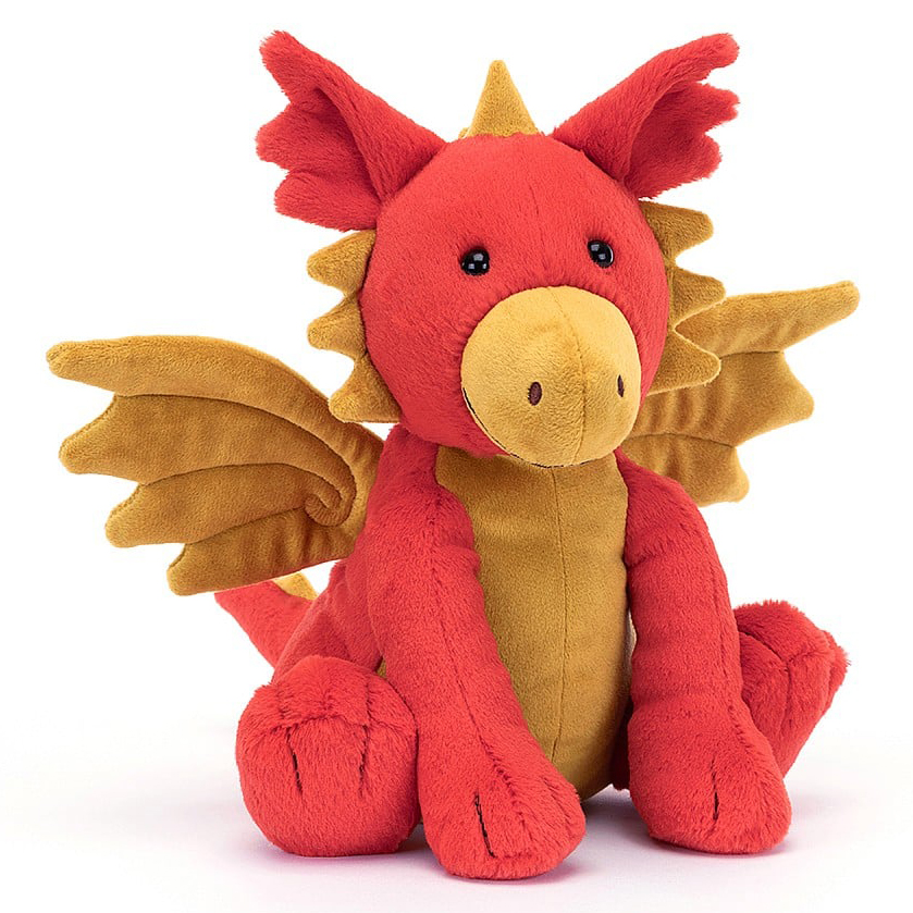 Jellycat plush toy dragon Darvin, red plush toy with golden wings, horns and spikes, sitting, front view