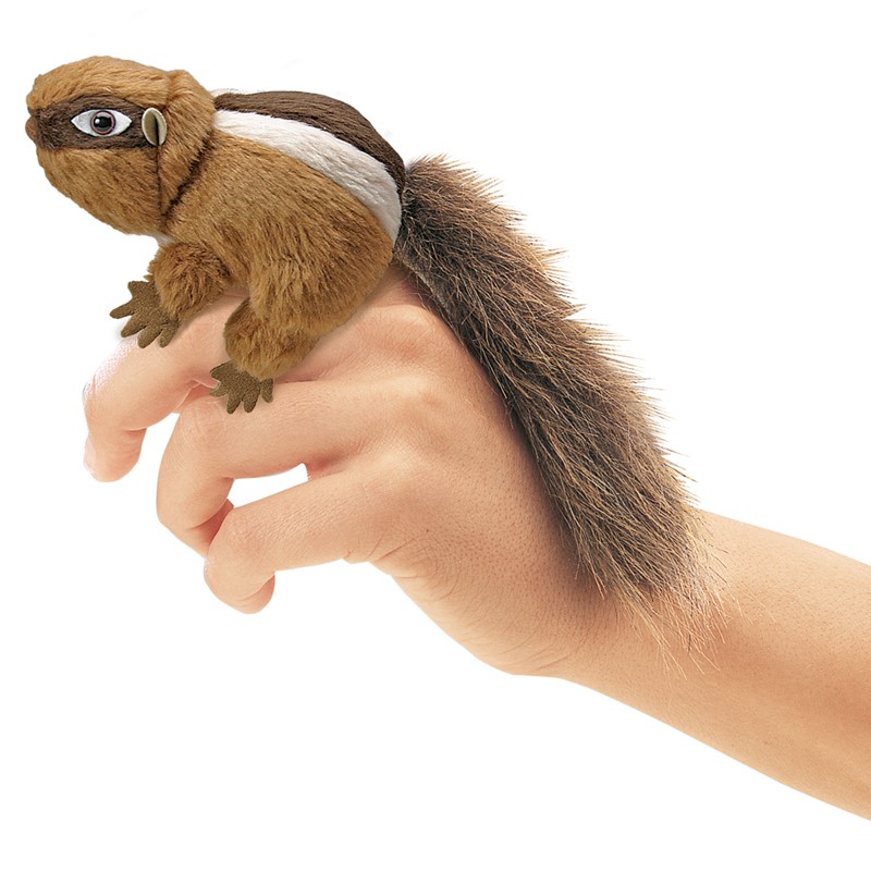 Folkmanis mini finger puppet chipmunk in brown with a bushy tail, worn on an index finger, side view