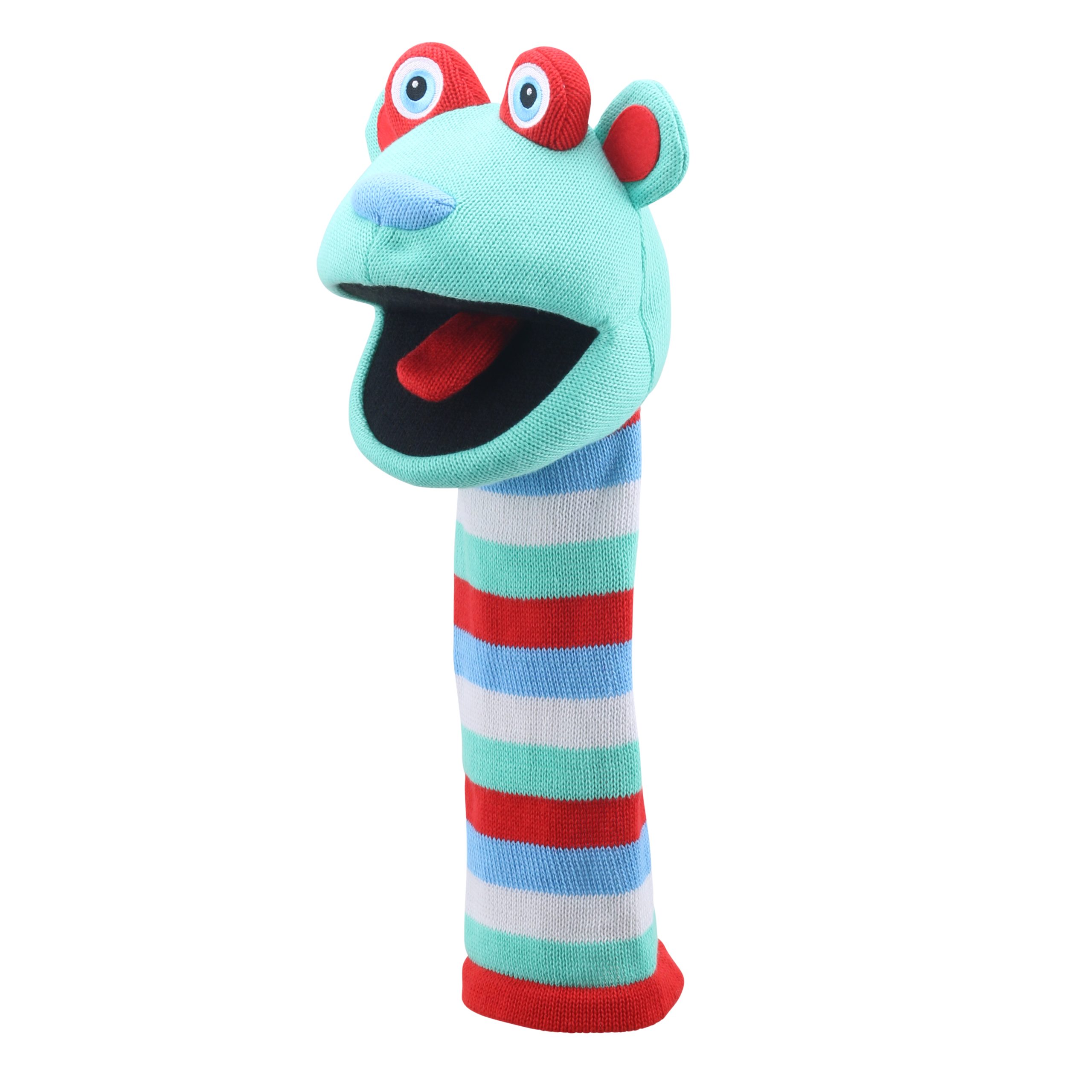 Puppet Company Hope monster sock puppet turned slightly, mouth wide open with red tongue, blue googly eyes set in red ears