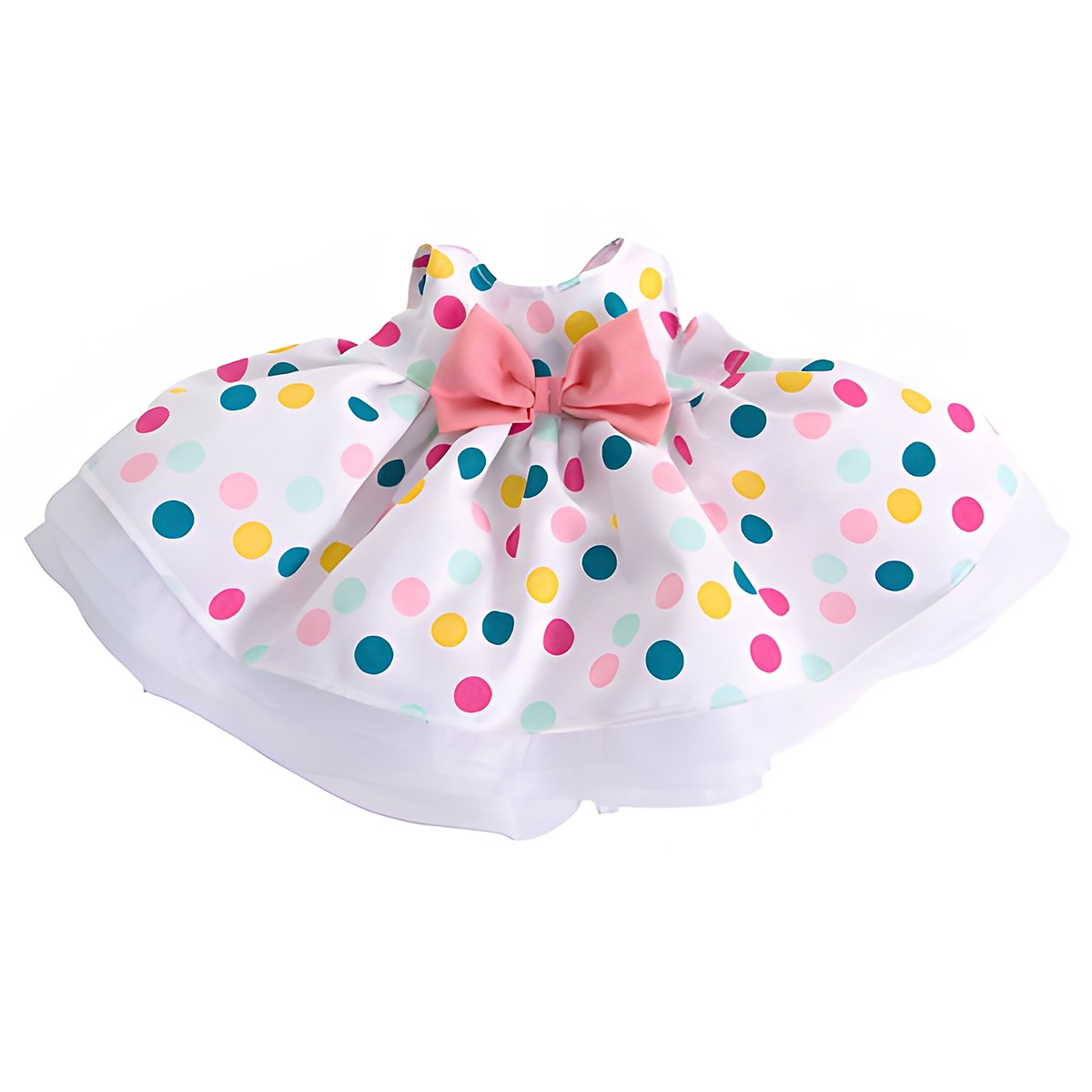 Dotted dress outfit for Rubens dolls with colourful dots, pink bow and tulle hem