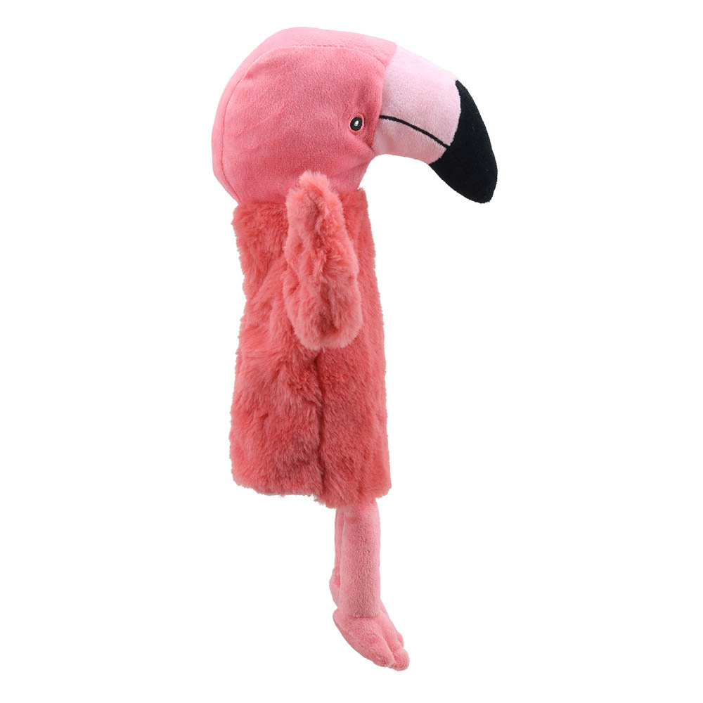 The Puppet Company baby hand puppet flamingo, close-up head in profile with a pink and white beak