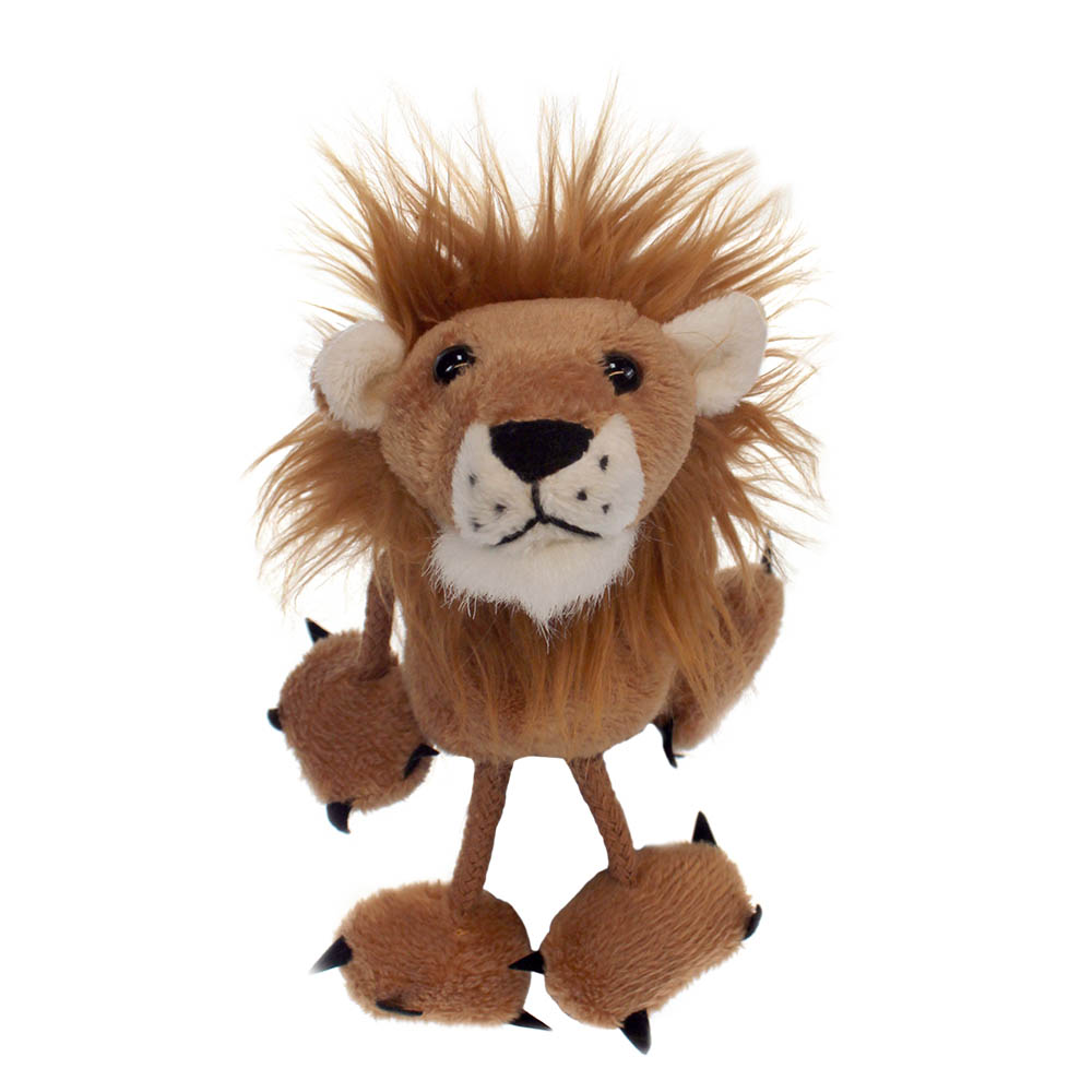 The Puppet Company finger puppet lion, brown lion puppet with a shaggy mane and long fabric legs