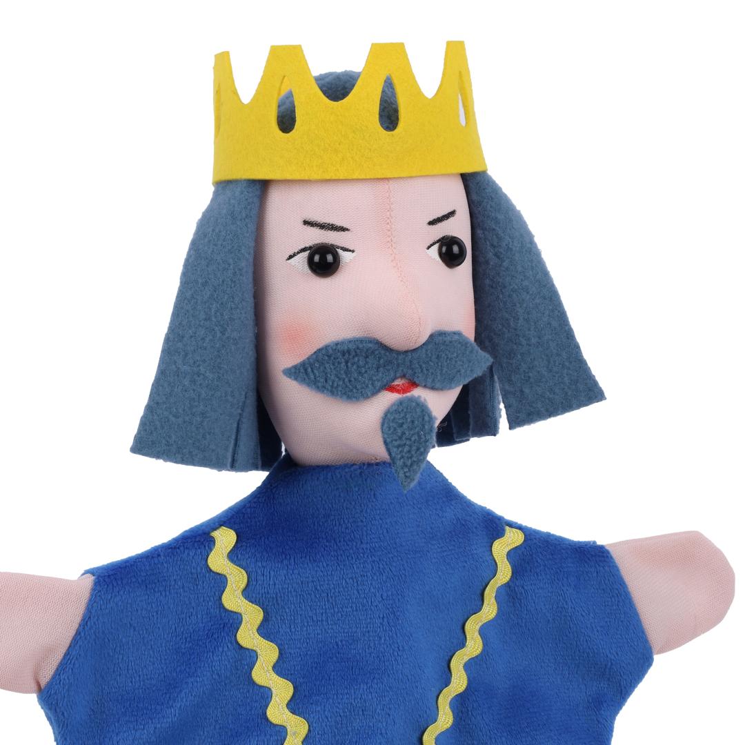 King hand puppet by munabo, close-up of the face with crown, grey hair, moustache and goatee.