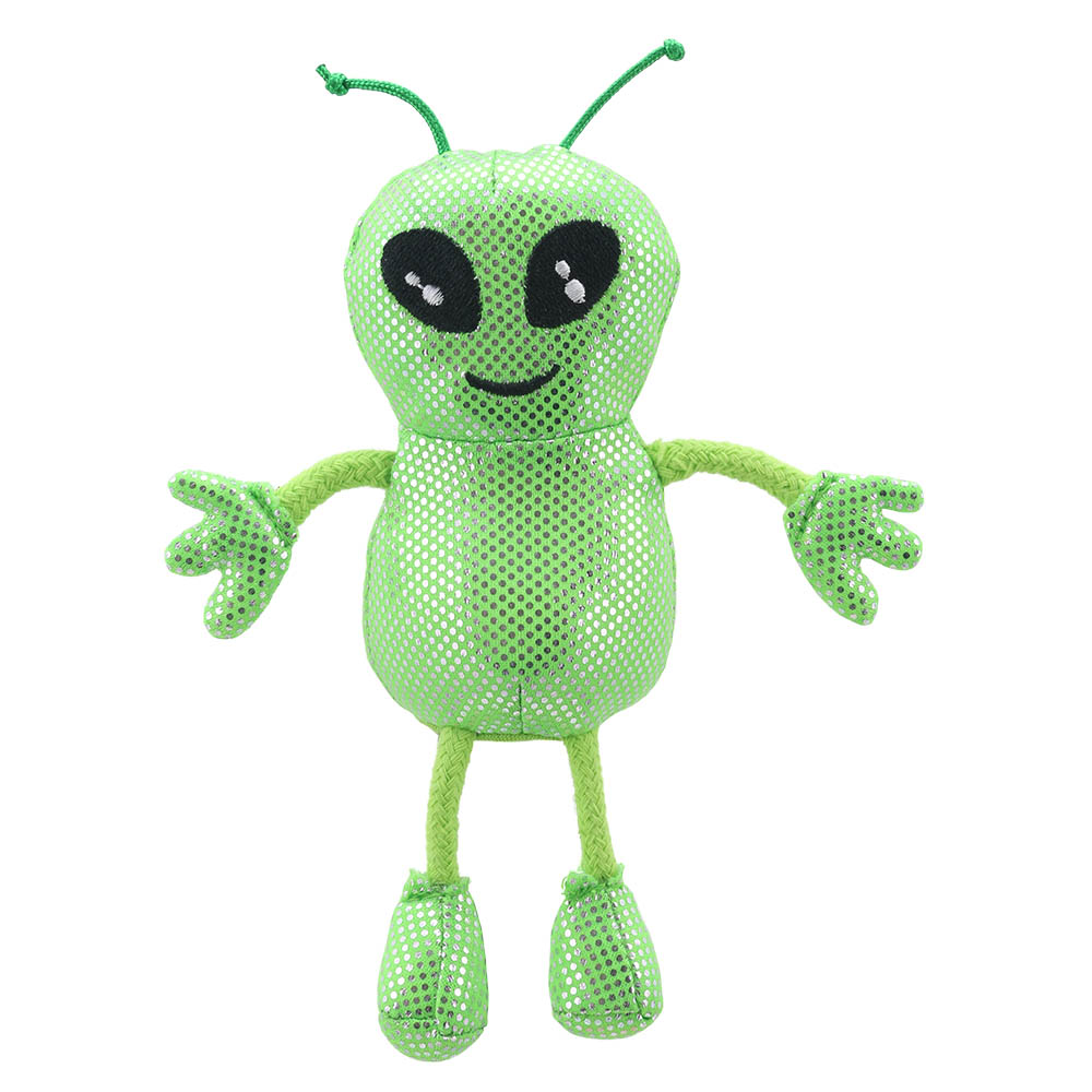 The Puppet Company finger puppet alien, green glittery finger puppet with big eyes and antennae