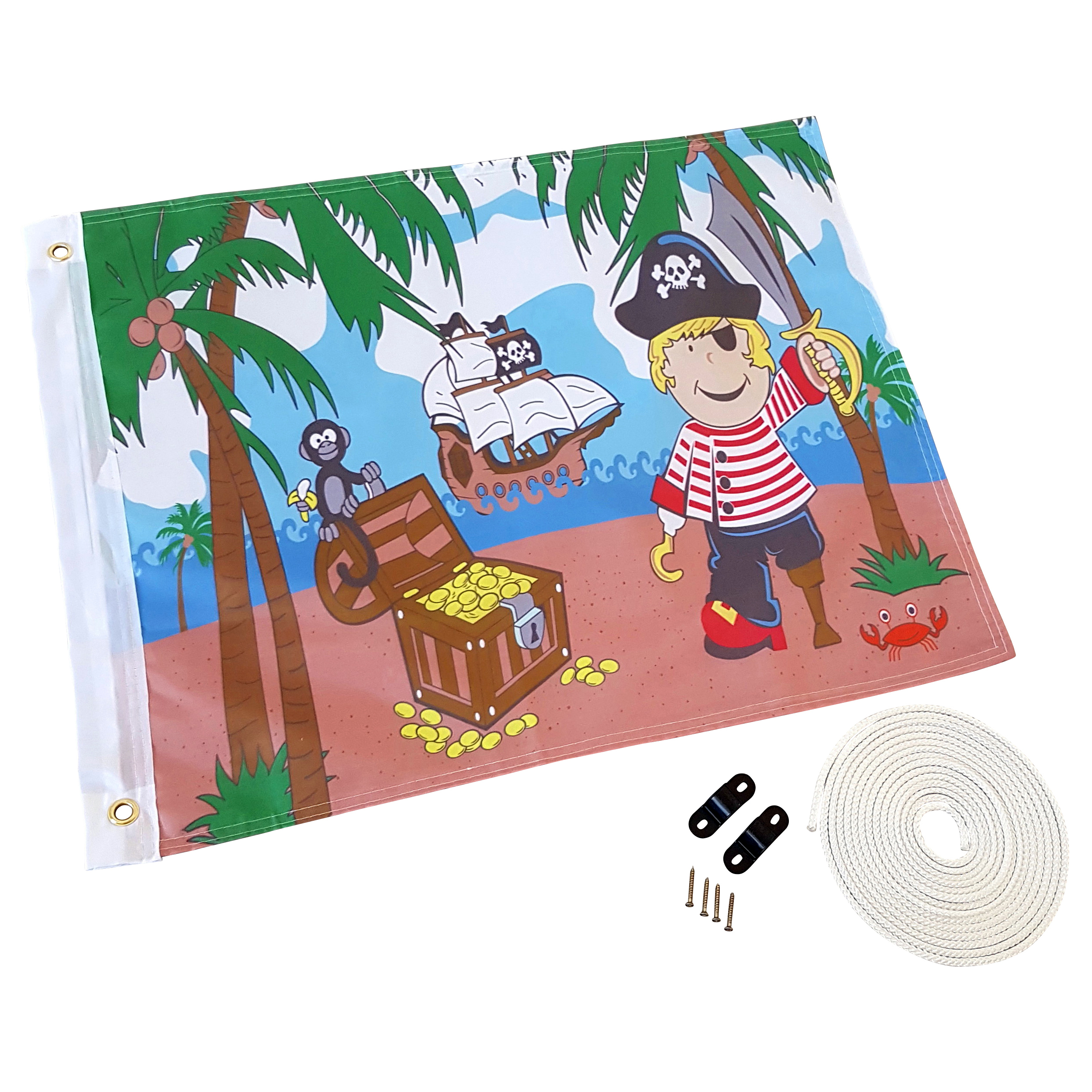 Kersa pirate flag for children with a pirate, palm tree and treasure chest motif, includes a hoisting system with rope and eyelets