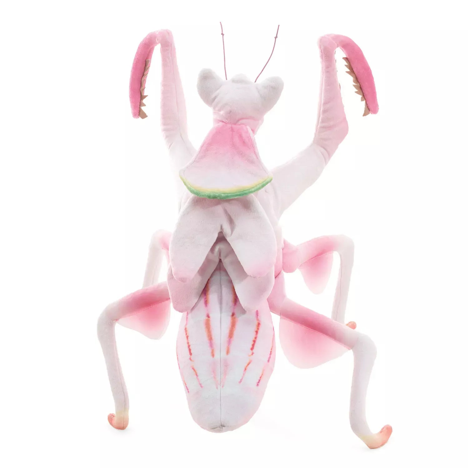 Folkmanis hand puppet orchid mantis in pink and white with raised forelegs and detailed wing markings, front view