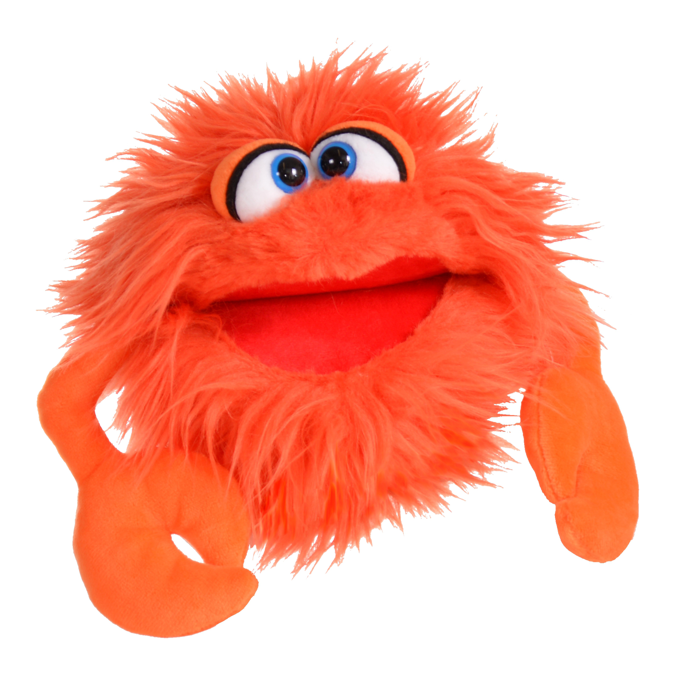 Living Puppets hand puppet Knipser the crab with orange shaggy fur, blue eyes, two claws and a wide open mouth, front view