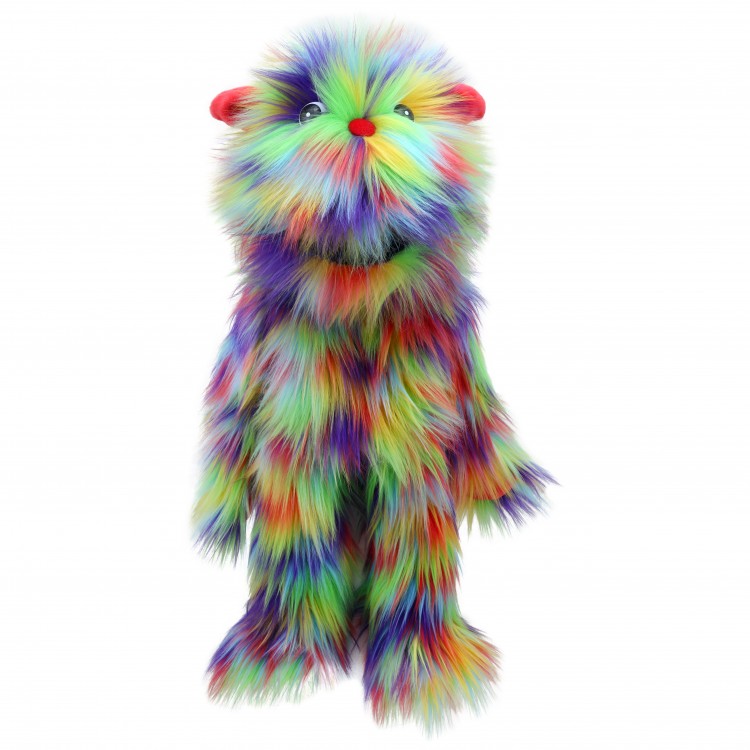The Puppet Company monster hand puppet rainbow, colourful shaggy monster with a red little nose and ear tips