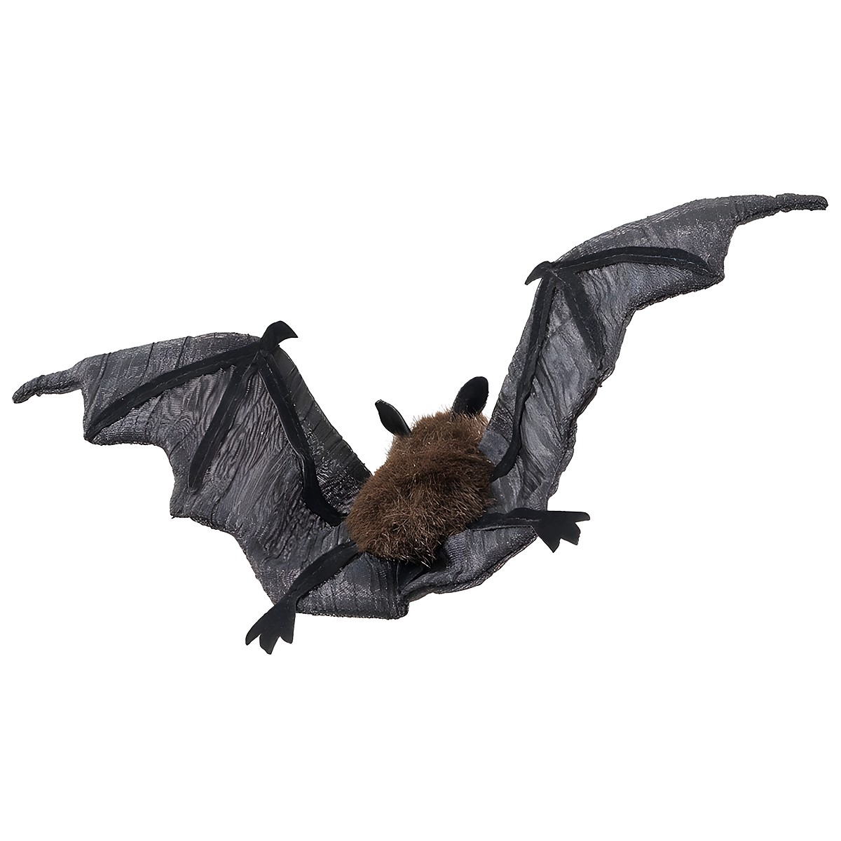 Folkmanis mini bat finger puppet with a brown body and outstretched grey mesh wings, top view